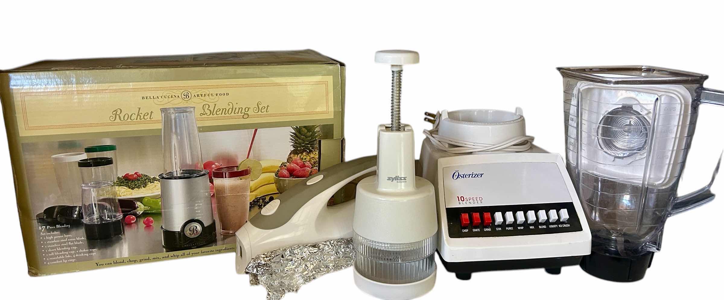 Photo 1 of CONTENTS ON SHELF IN ISLAND - ROCKET BLENDING SET, OSTERIZER BLENDER, CHOPPER AND ELECTRIC KNIFE