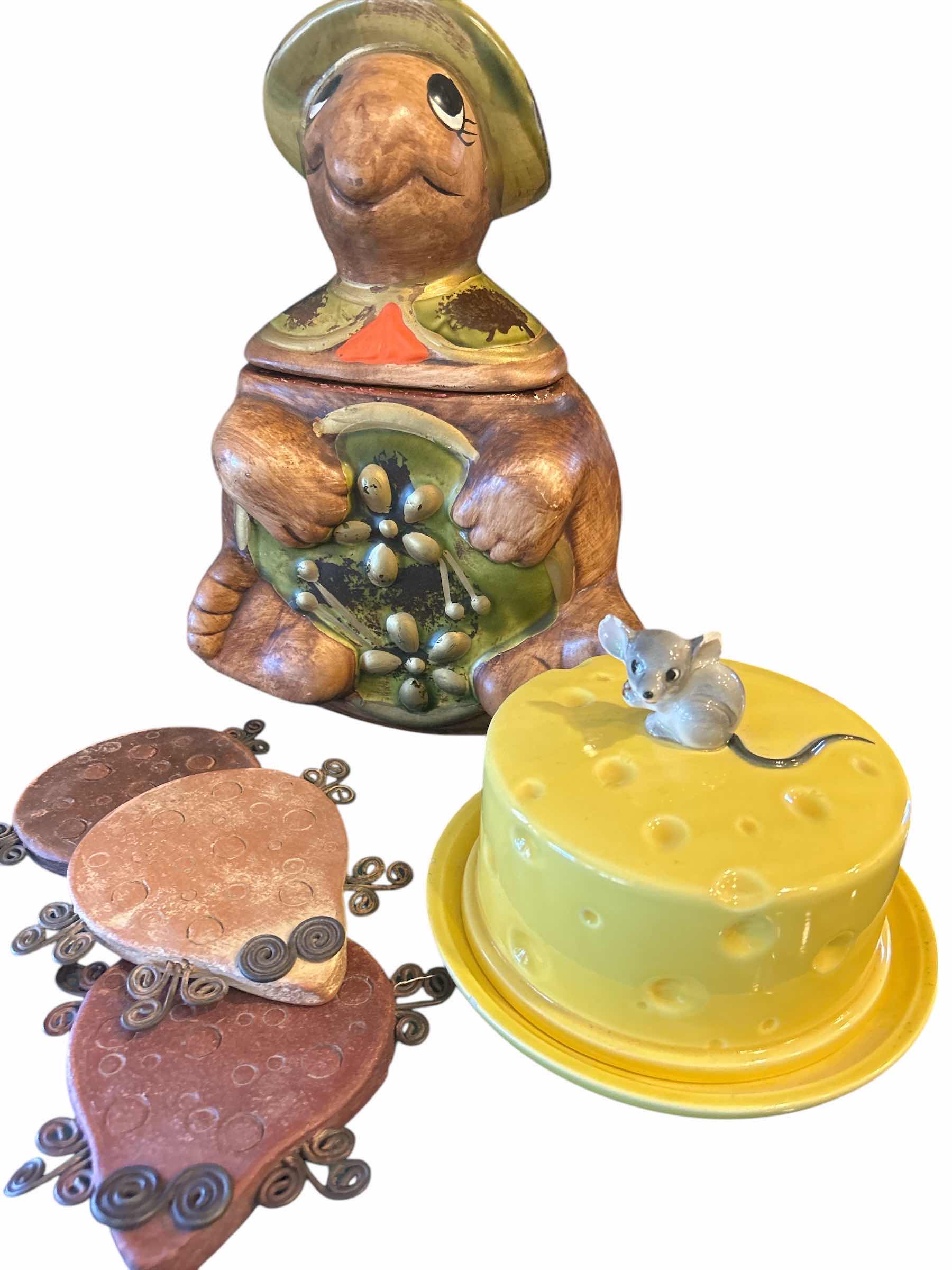 Photo 1 of VINTAGE TURTLE COOKIE JAR, VINTAGE MOUSE CHEESE DISH WITH LID AND 3 COASTERS