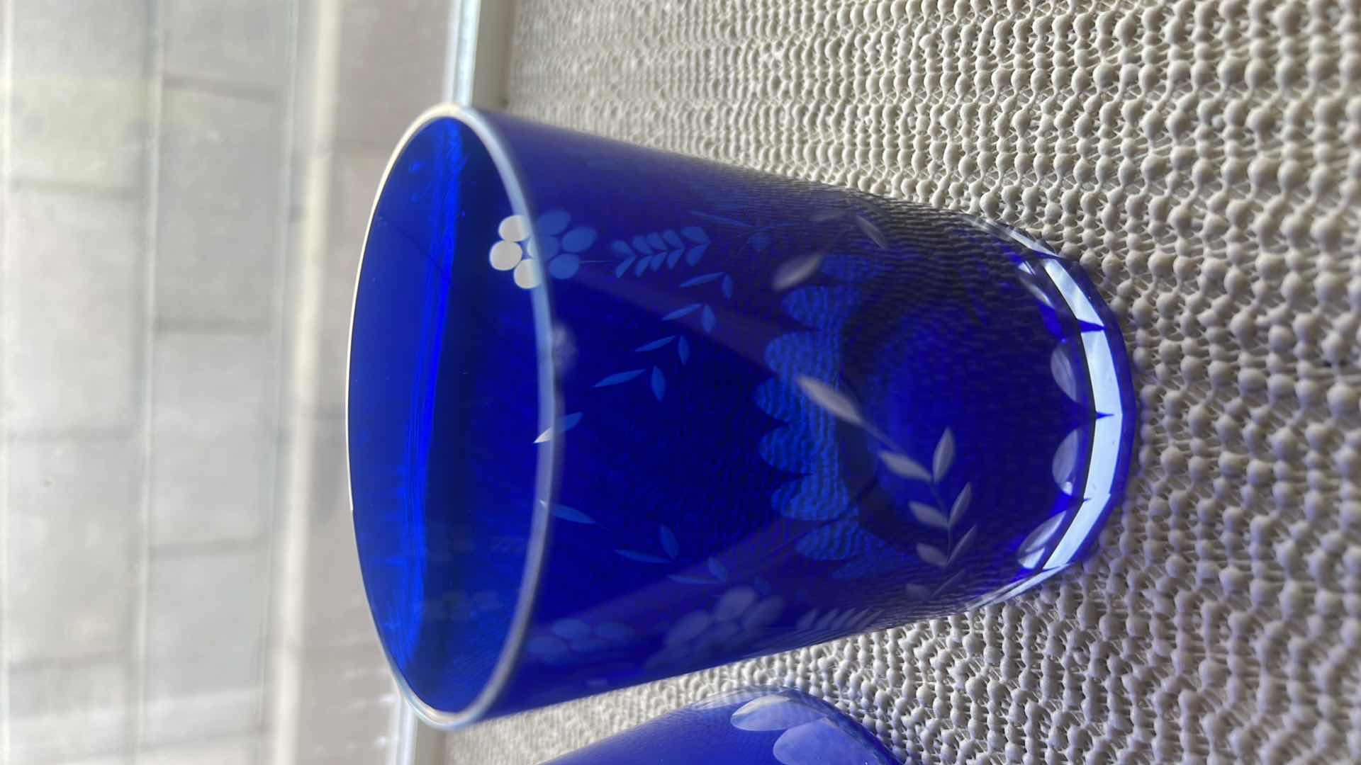Photo 1 of VINTAGE BOGEMIAN COBALT BLUE CUT CRYSTAL CARAFE AND GLASS  $269
