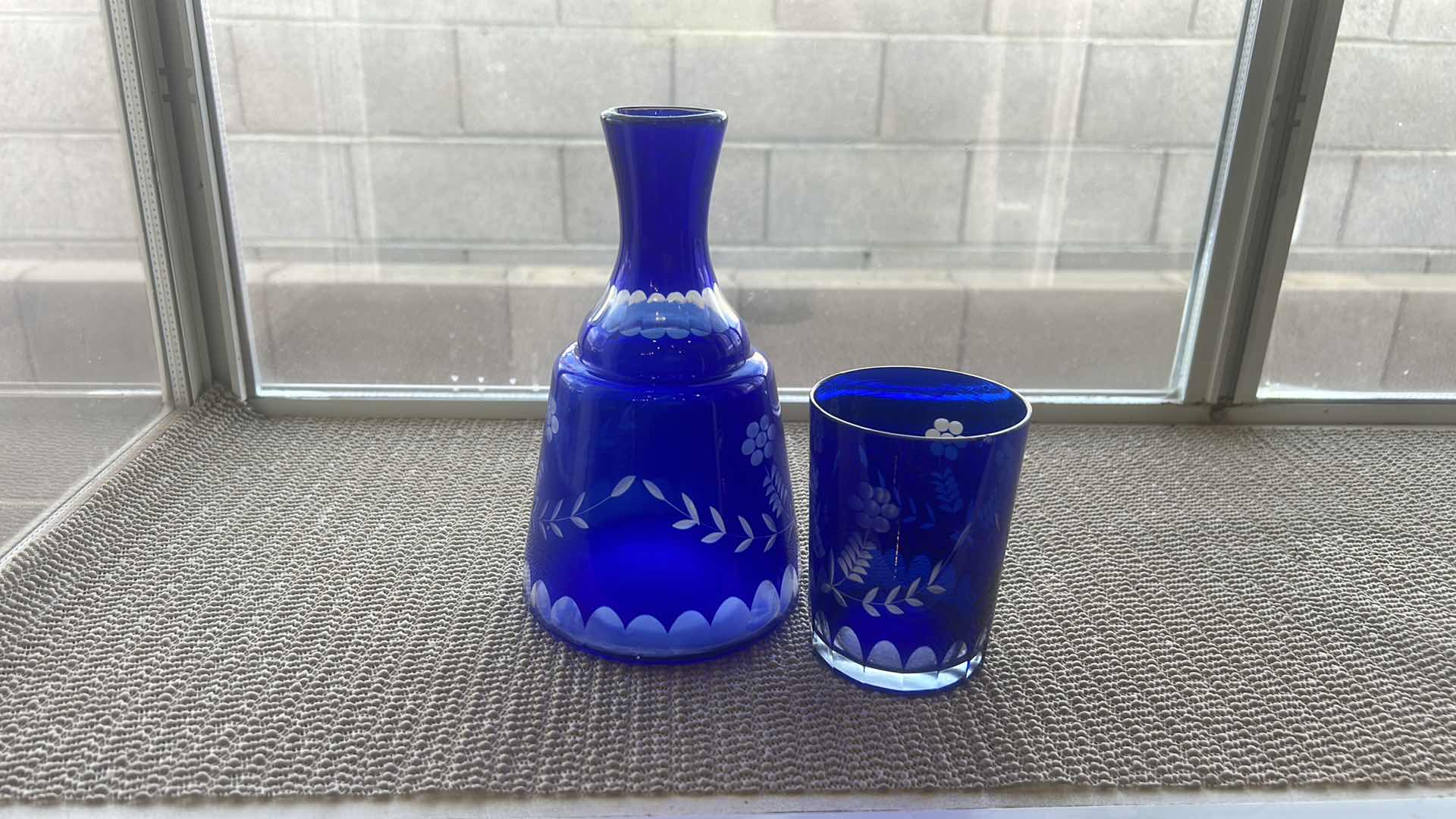 Photo 1 of VINTAGE BOGEMIAN COBALT BLUE CUT CRYSTAL CARAFE AND GLASS  $269