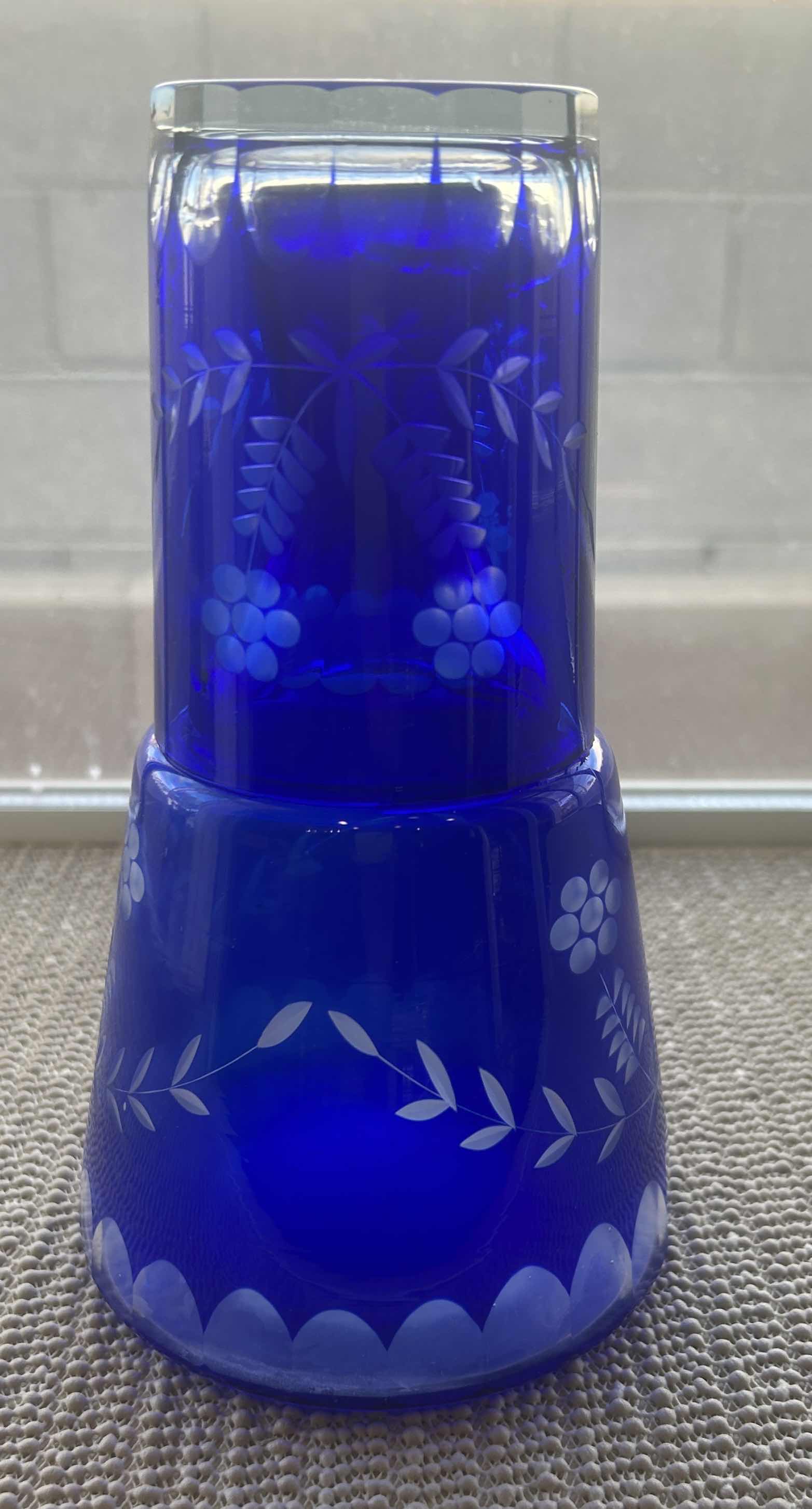 Photo 1 of VINTAGE BOGEMIAN COBALT BLUE CUT CRYSTAL CARAFE AND GLASS  $269