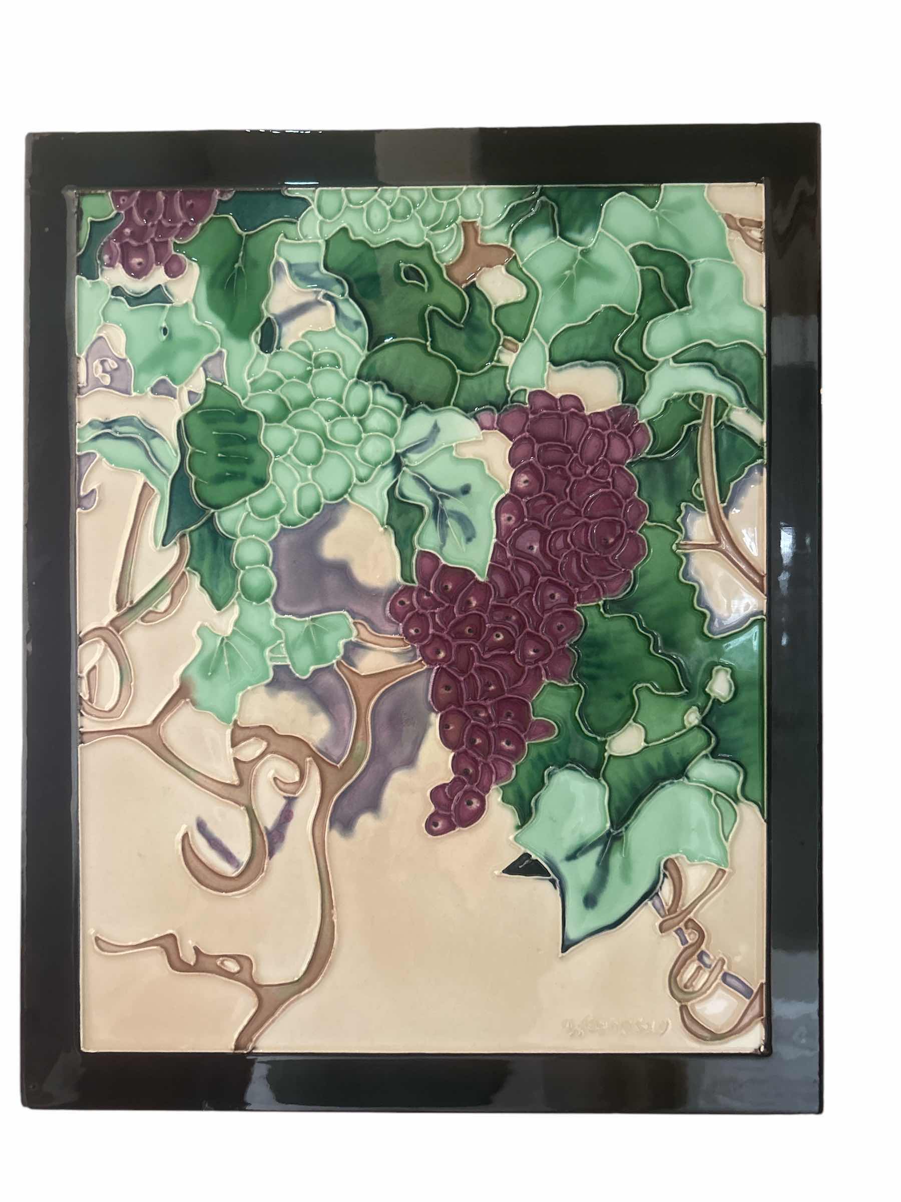 Photo 1 of PORCELAIN TILE SIGNED GLAZED WINE PLANT ARTWORK 13” x H16”