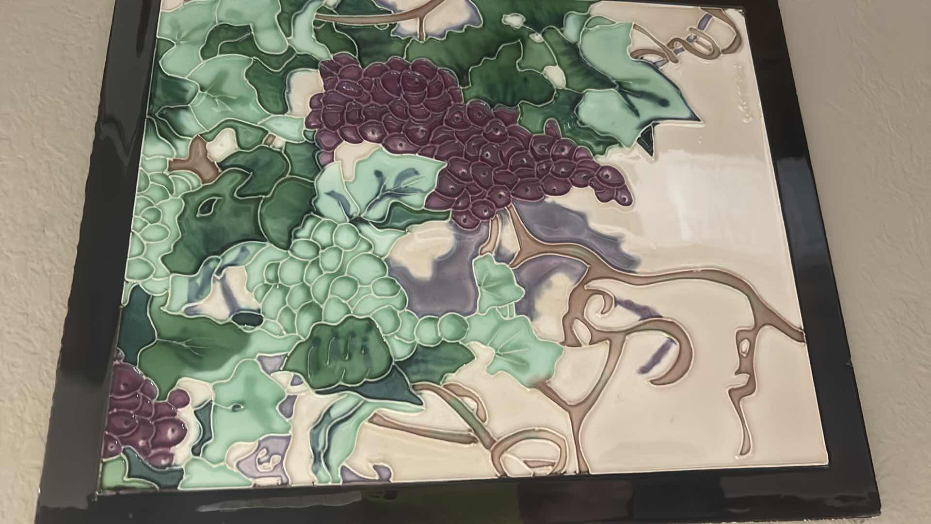 Photo 1 of PORCELAIN TILE SIGNED GLAZED WINE PLANT ARTWORK 13” x H16”