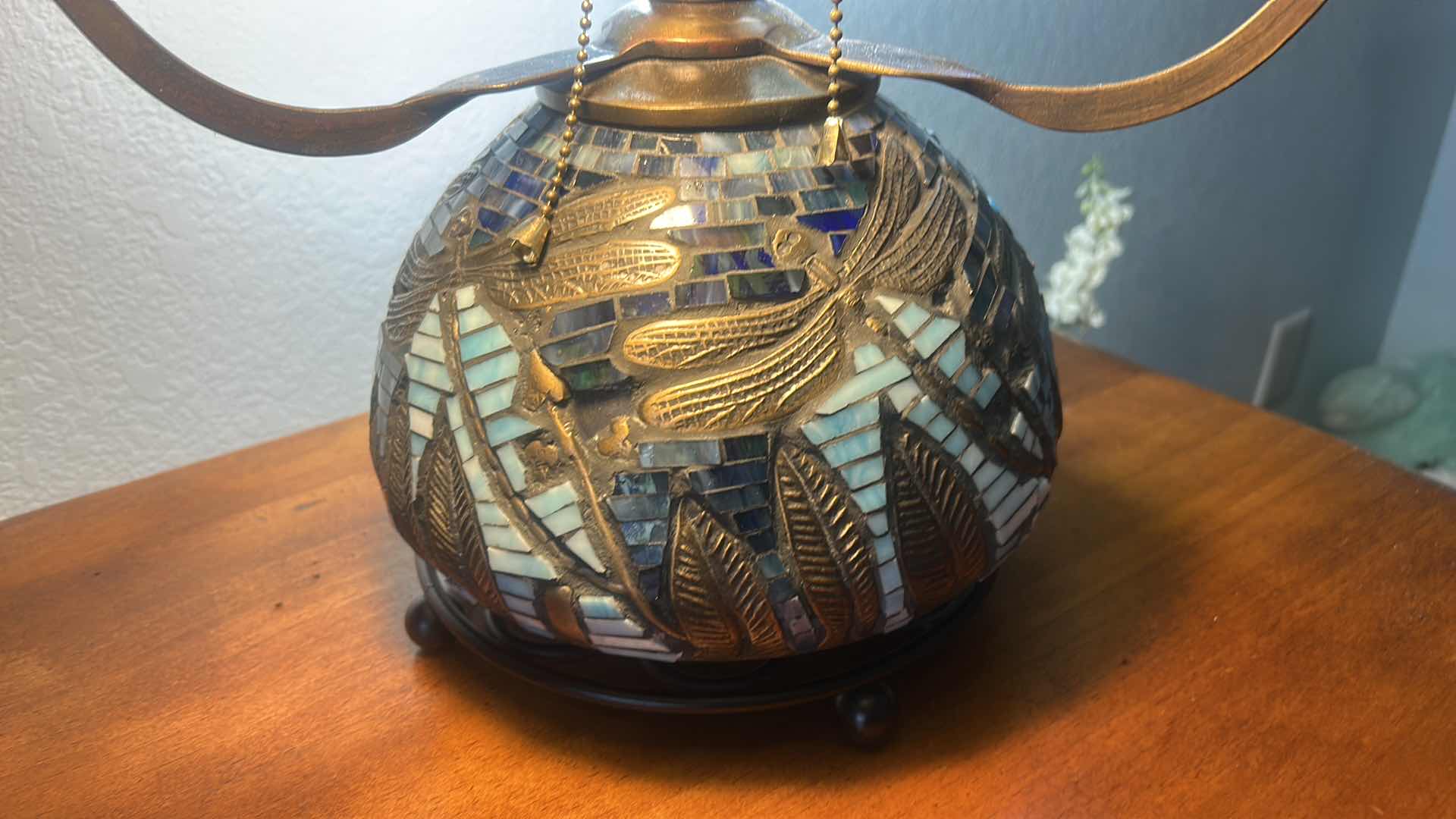 Photo 1 of HEAVY GLASS, RESIN AND METAL TIFFANY STYLE DRAGONFLY LAMP H19”