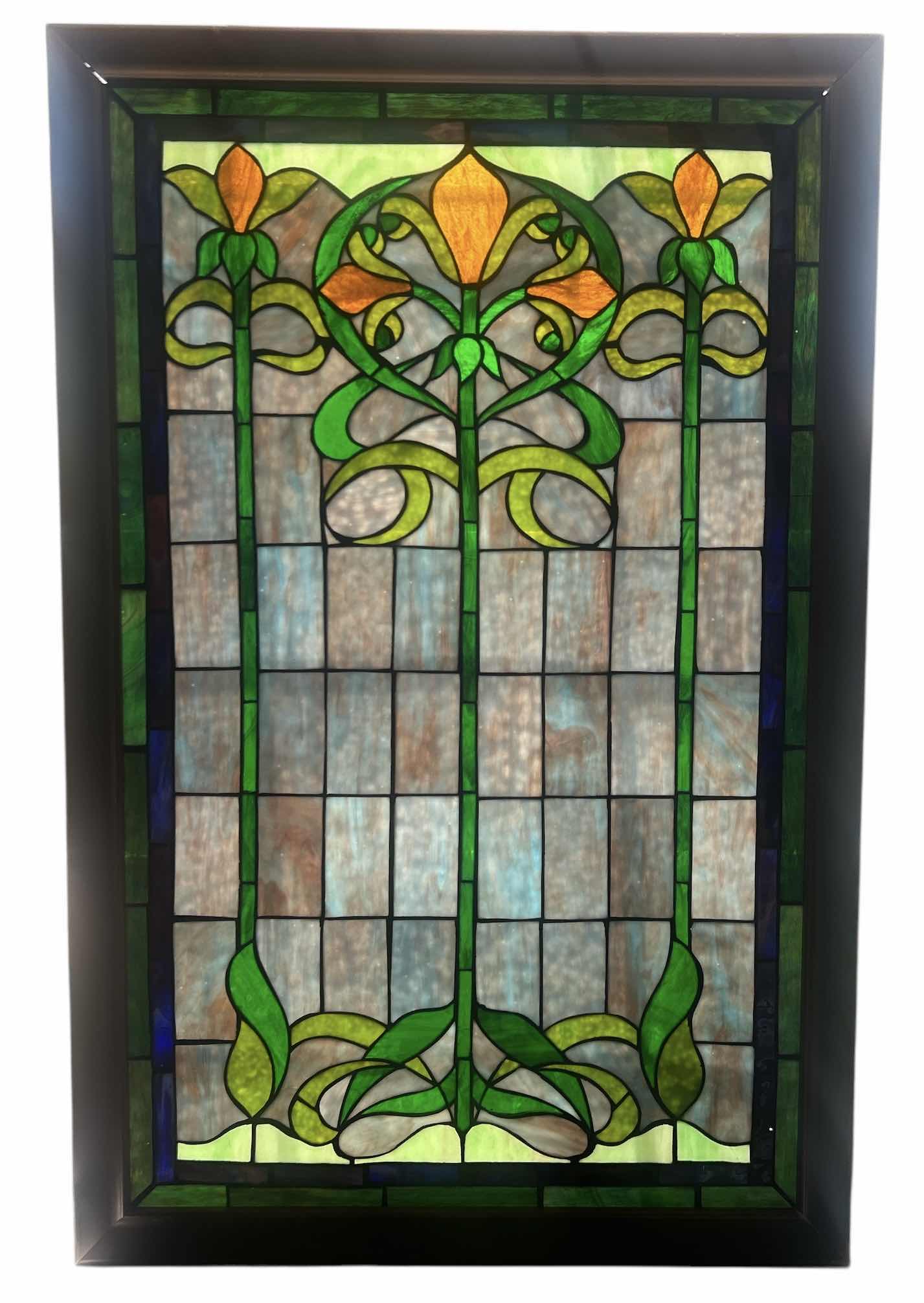 Photo 1 of WOOD FRAMED STAINED GLASS WINDOW 25 1/2” x H39 1/2”