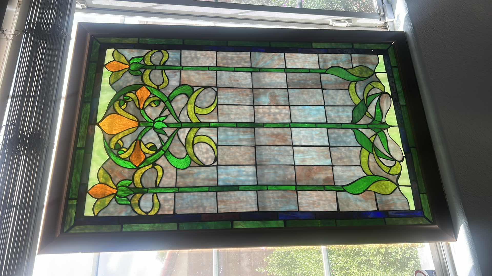 Photo 1 of WOOD FRAMED STAINED GLASS WINDOW 25 1/2” x H39 1/2”