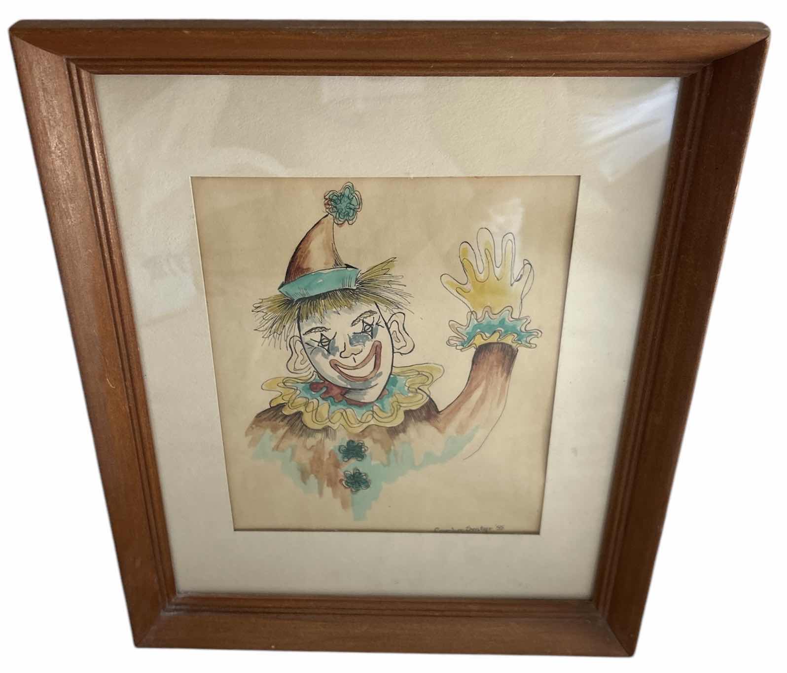Photo 1 of WOOD FRAMED 1955 SIGNED CLOWN WATERCOLOR ARTWORK 12 1/2” x 15.75”