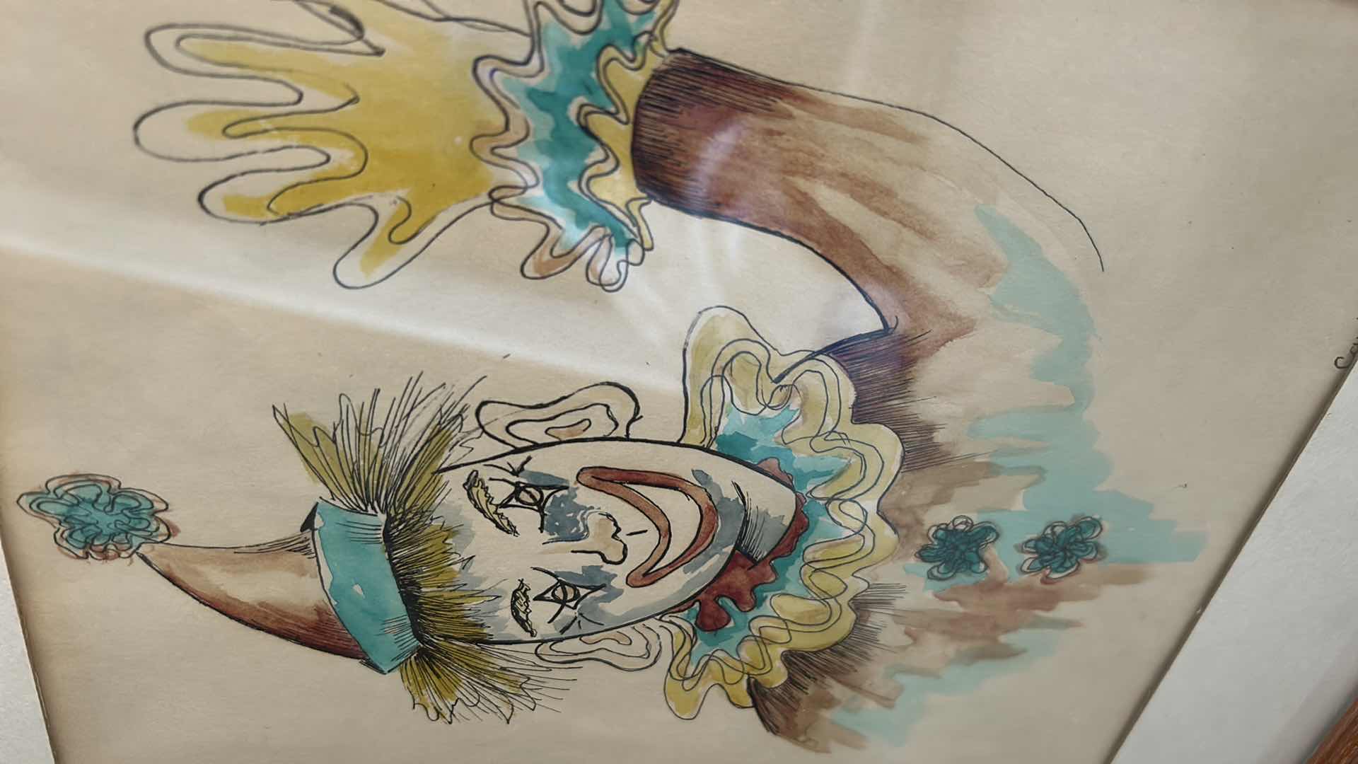 Photo 1 of WOOD FRAMED 1955 SIGNED CLOWN WATERCOLOR ARTWORK 12 1/2” x 15.75”