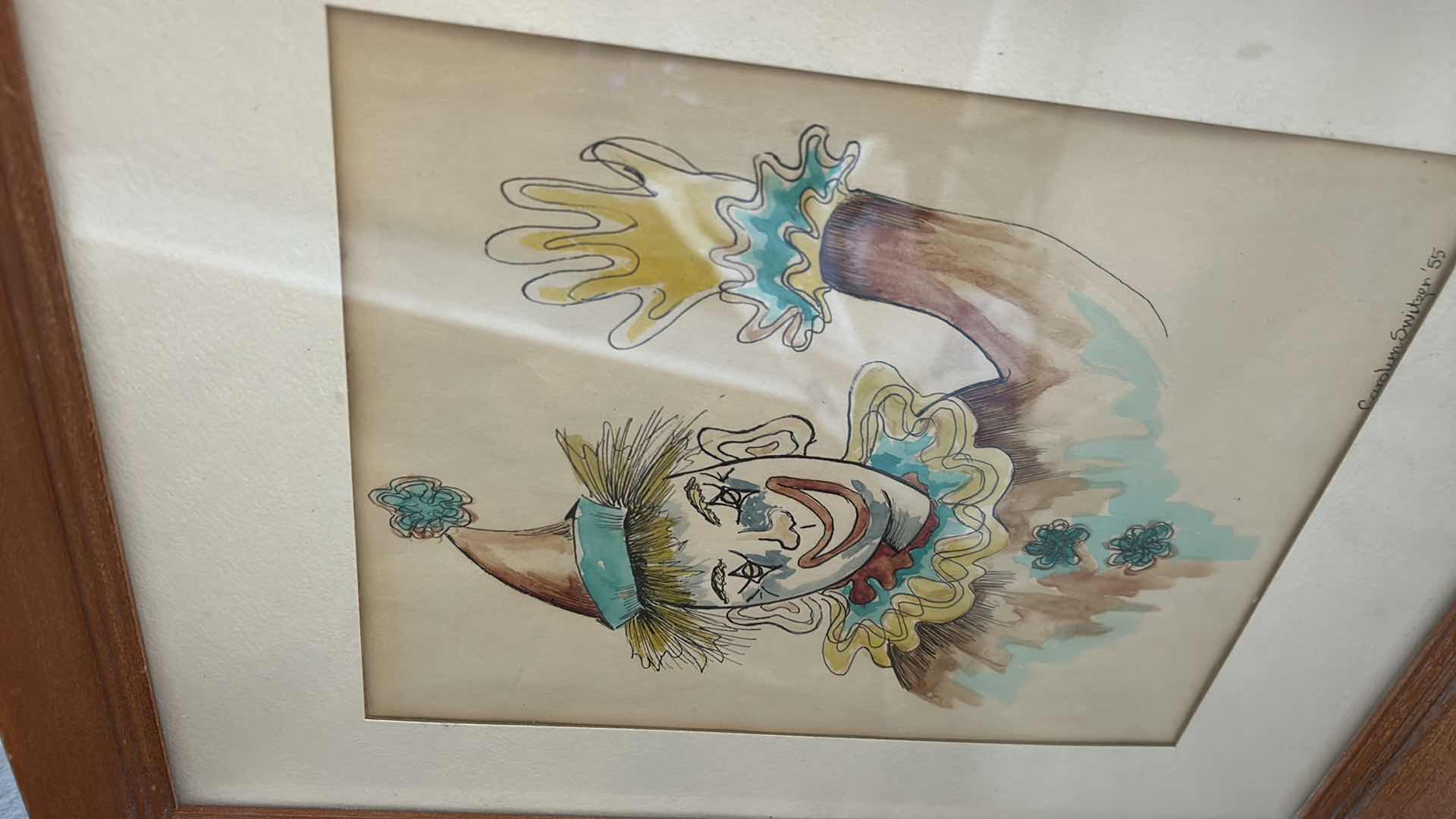 Photo 1 of WOOD FRAMED 1955 SIGNED CLOWN WATERCOLOR ARTWORK 12 1/2” x 15.75”