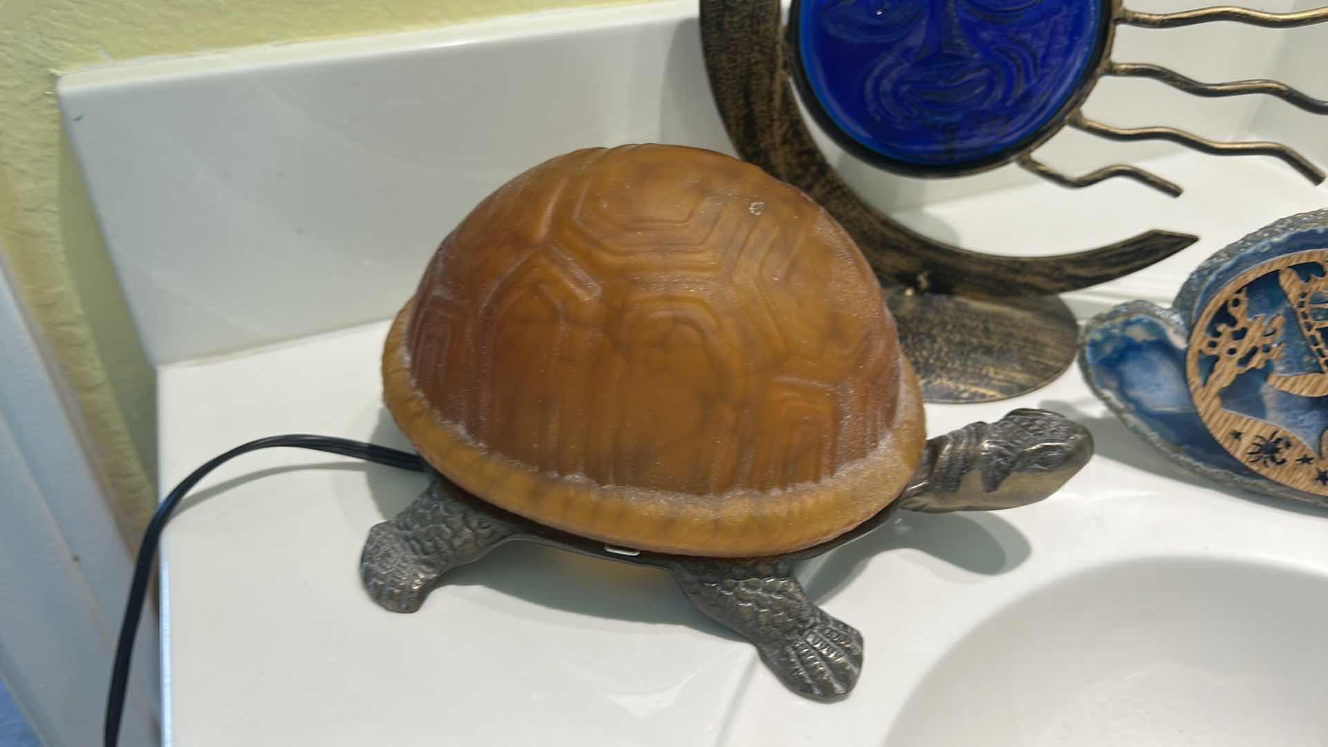 Photo 1 of TURTLE LAMP, TURTLE WOOD AND ROCK SCULPTURE AND MOON & SUN CANDLE HOLDER