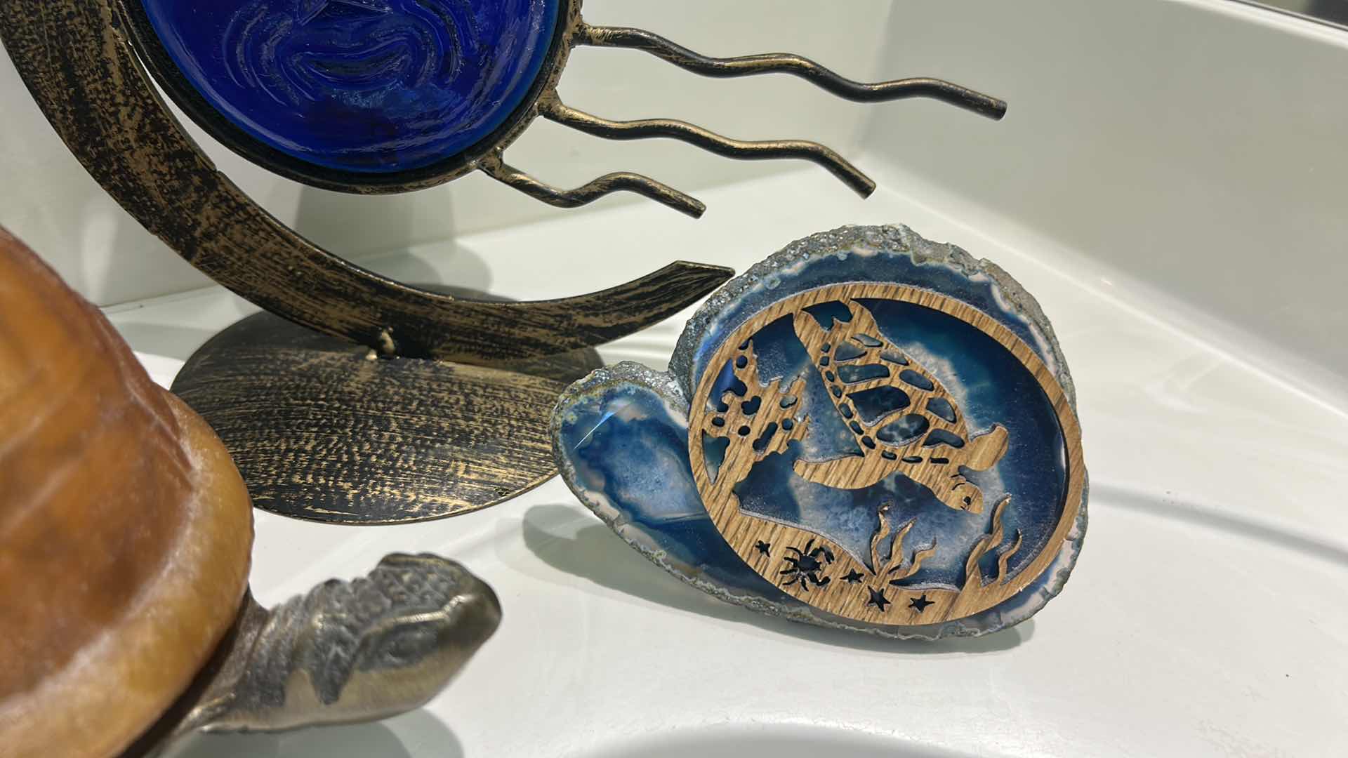 Photo 1 of TURTLE LAMP, TURTLE WOOD AND ROCK SCULPTURE AND MOON & SUN CANDLE HOLDER
