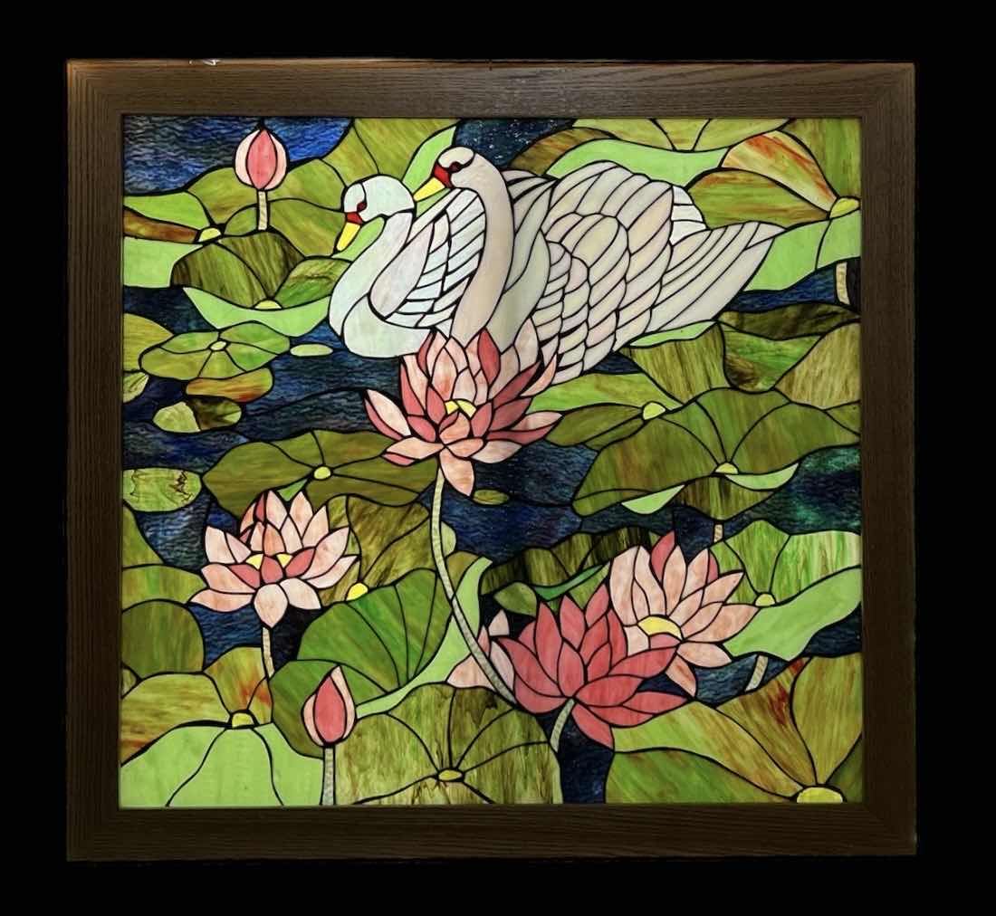 Photo 1 of STAINED RESIN AND METAL SWAN ARTWORK WINDOW PANEL 37“ x H34 1/2“