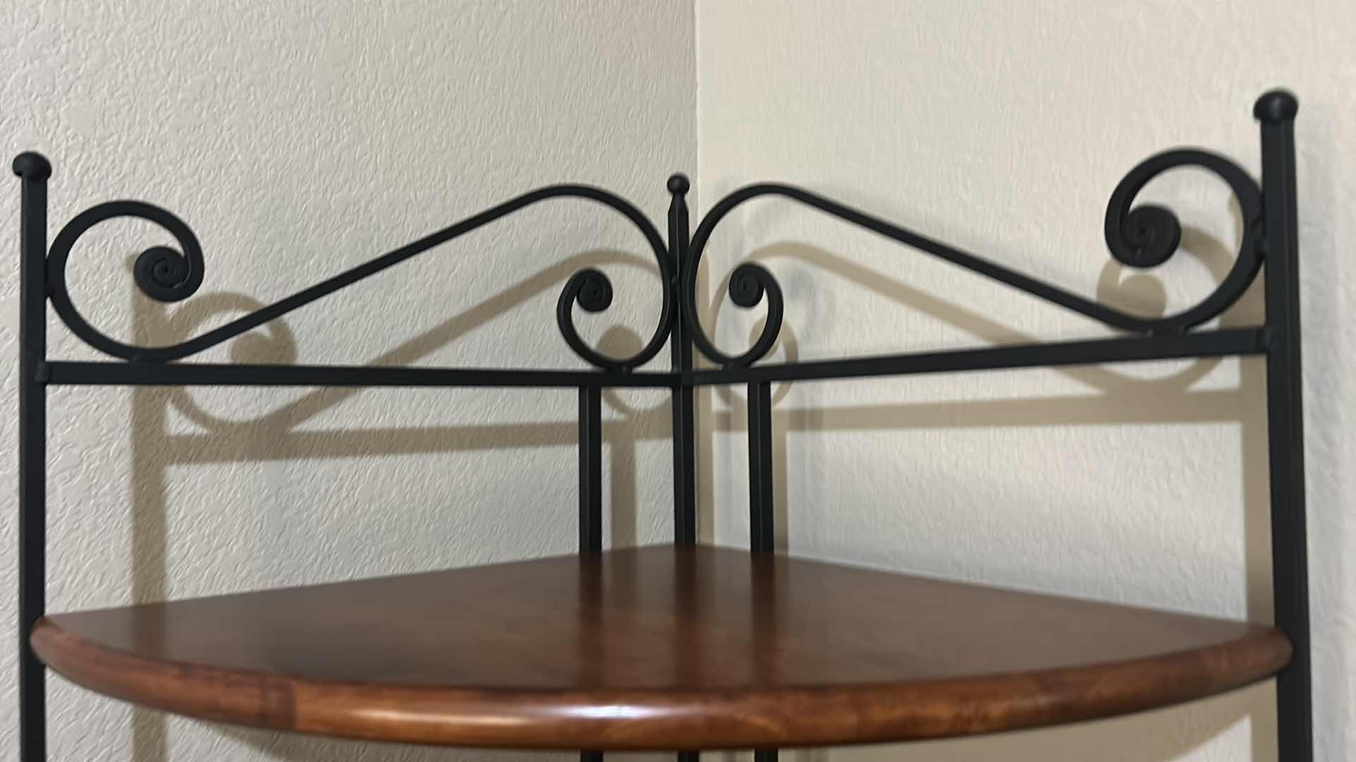 Photo 1 of WOOD AND METAL CORNER SHELVING UNIT 34“ x 24 1/2“ x H6’