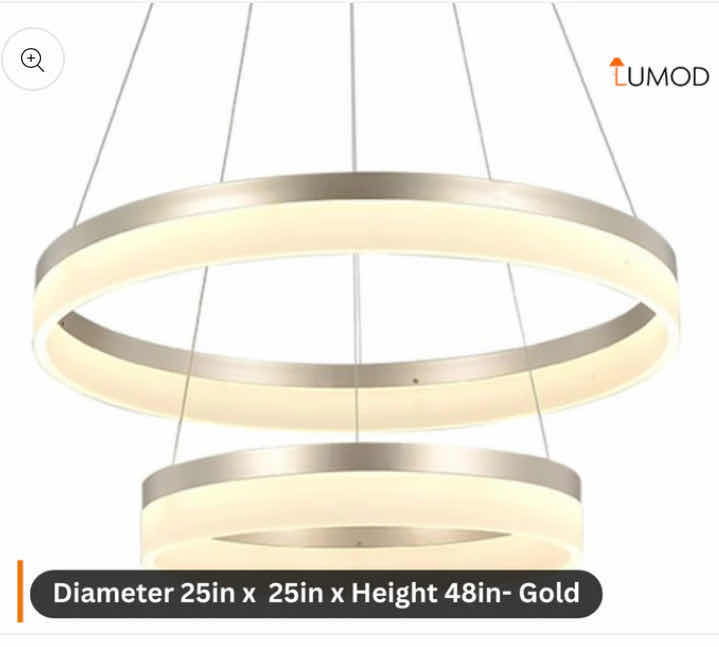 Photo 1 of NIB - JUNIPER MODERN GOLD METAL & ACRYLIC RING HANGING TWO TIER CHANDELIER LED LIGHT 25” x 48” LL-1091-MF