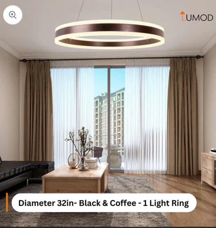 Photo 1 of NIB - CAMILLA SLEEK BLACK & COFFEE  MINIMALIST ROUND ONE RING PENDANT LIGHT DIAMETER 32” LL-1075-MF