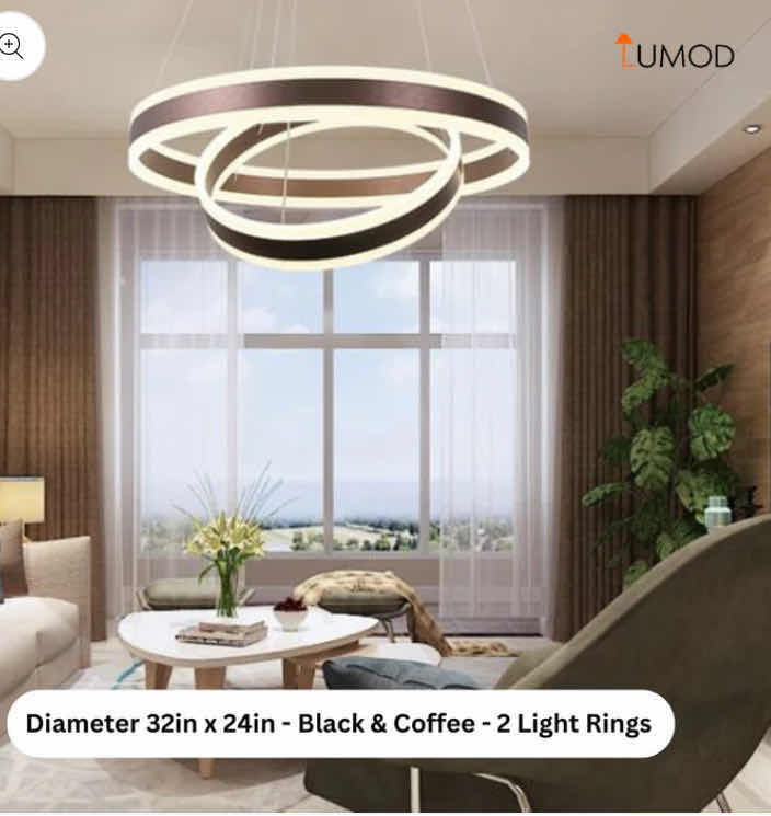 Photo 1 of NIB - CAMILLA SLEEK BLACK & COFFEE MINIMALIST ROUND TWO RING PENDANT LIGHT DIAMETER 32” & 24” LL-1076-MF