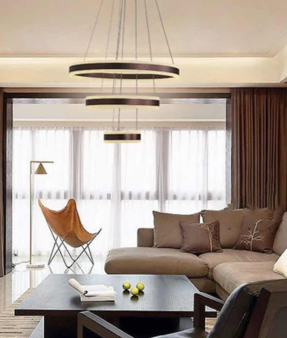 Photo 1 of NIB - CAMILLA SLEEK BLACK & COFFEE  MINIMALIST ROUND THREE RING PENDANT LIGHT DIAMETER 16” 24” & 32” LL-1078-MF