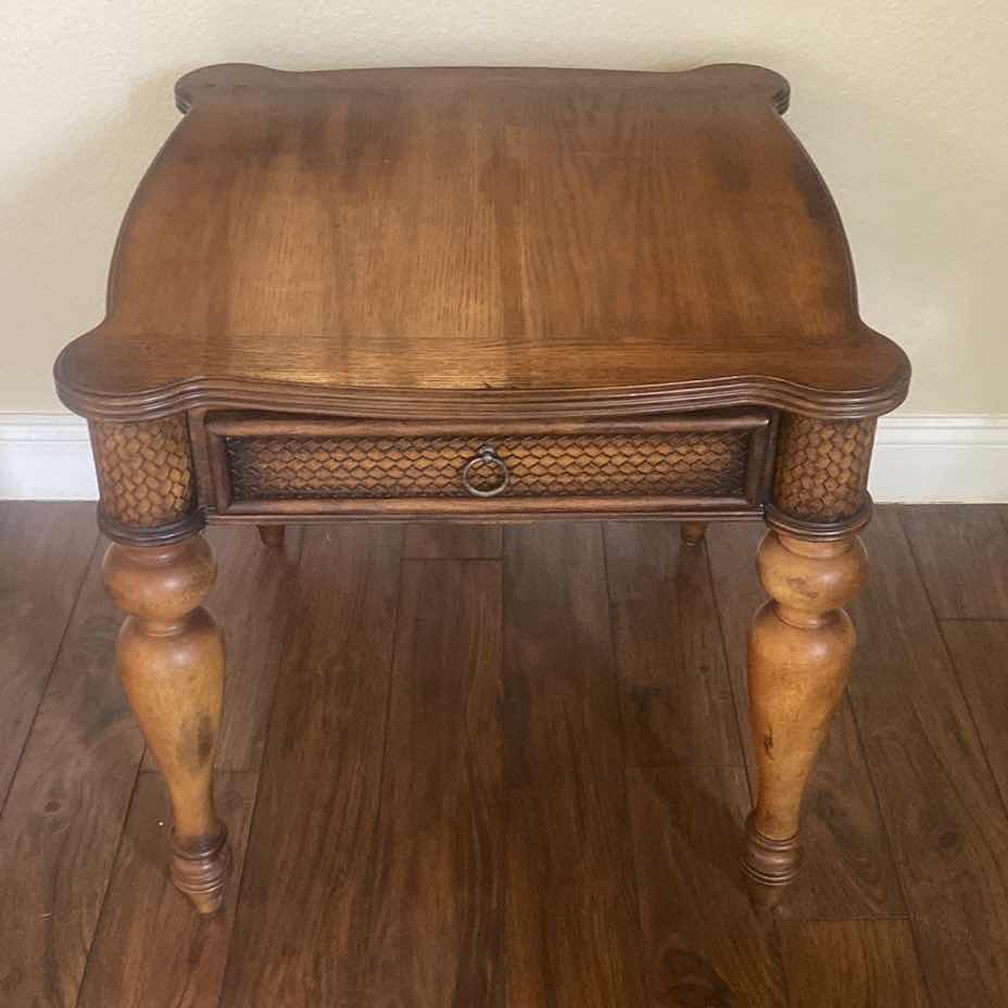 Photo 1 of ASHLEY FURNITURE OAK END TABLE WITH WOOD BRAID DETAIL AND DOVETAIL DRAWER 26” x 27” H 25 1/2”