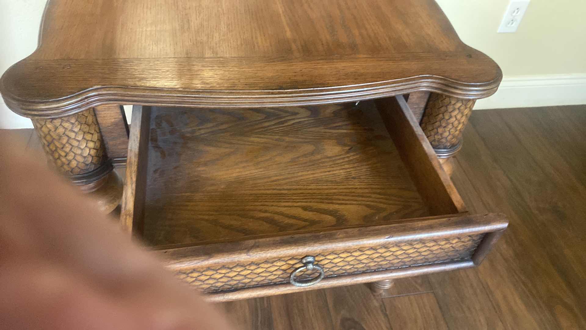 Photo 5 of ASHLEY FURNITURE OAK END TABLE WITH WOOD BRAID DETAIL AND DOVETAIL DRAWER 26” x 27” H 25 1/2”