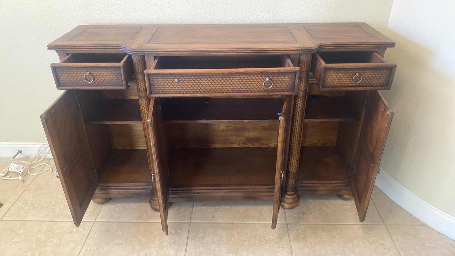 Photo 6 of ASHLEY FURNITURE OAK BUFFET WITH WOOD BRAID DESIGN & DOVETAIL DRAWERS 59” x 17” H36”