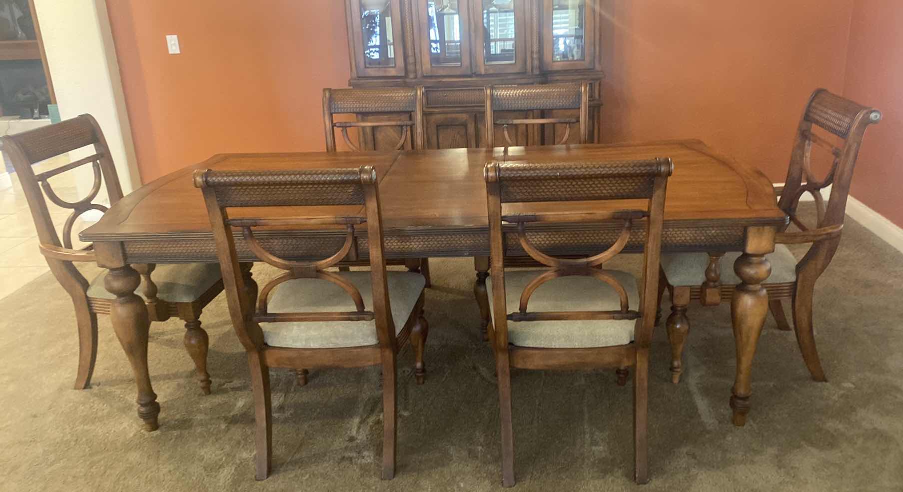 Photo 2 of ASHLEY FURNITURE DARK WOOD DINING TABLE WITH WOOD BRAID ACCENTS 72“ x 41 1/2“ H29 1/2” LEAF TO EXTEND 18” (CHAIRS & CHINA CABINET SOLD SEPARATELY)