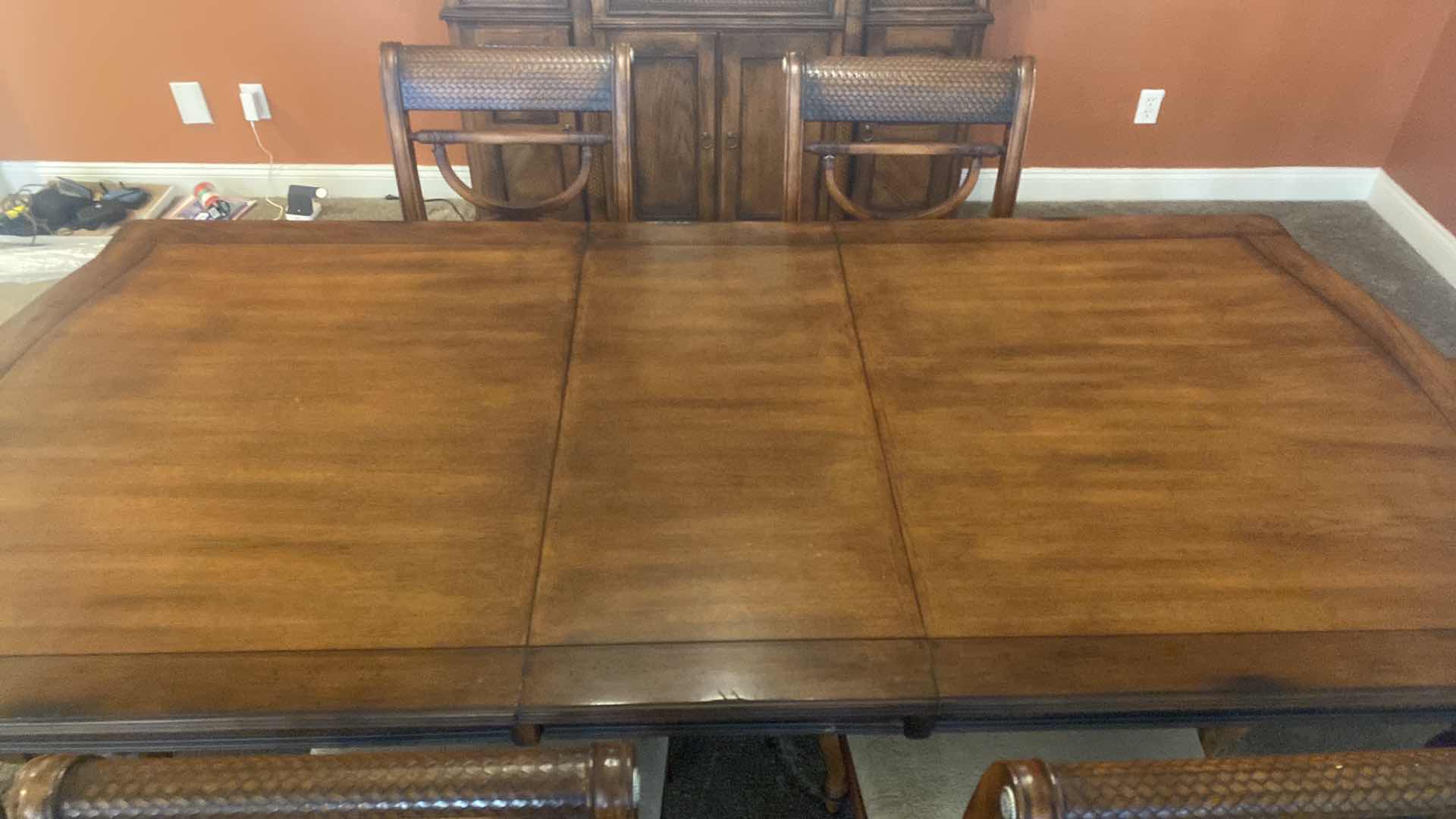 Photo 3 of ASHLEY FURNITURE DARK WOOD DINING TABLE WITH WOOD BRAID ACCENTS 72“ x 41 1/2“ H29 1/2” LEAF TO EXTEND 18” (CHAIRS & CHINA CABINET SOLD SEPARATELY)