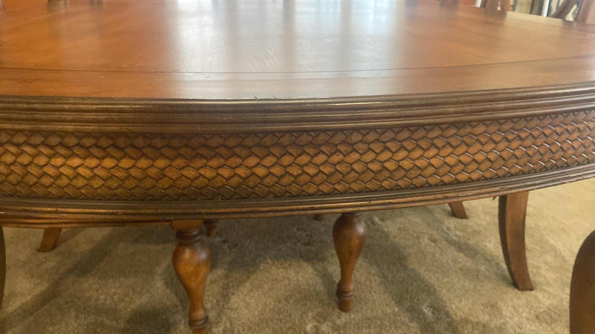 Photo 6 of ASHLEY FURNITURE DARK WOOD DINING TABLE WITH WOOD BRAID ACCENTS 72“ x 41 1/2“ H29 1/2” LEAF TO EXTEND 18” (CHAIRS & CHINA CABINET SOLD SEPARATELY)