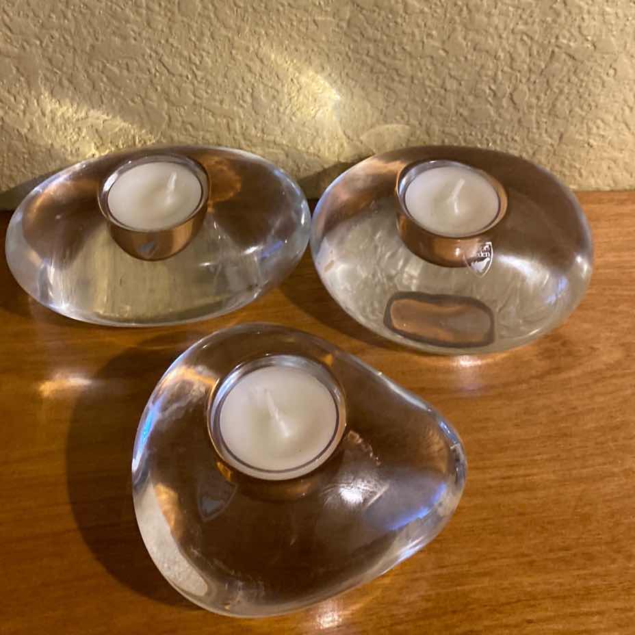 Photo 1 of 3-ORREFORS HEAVY LIGHTSTONE RIVER ROCK GLASS VOTIVE HOLDERS