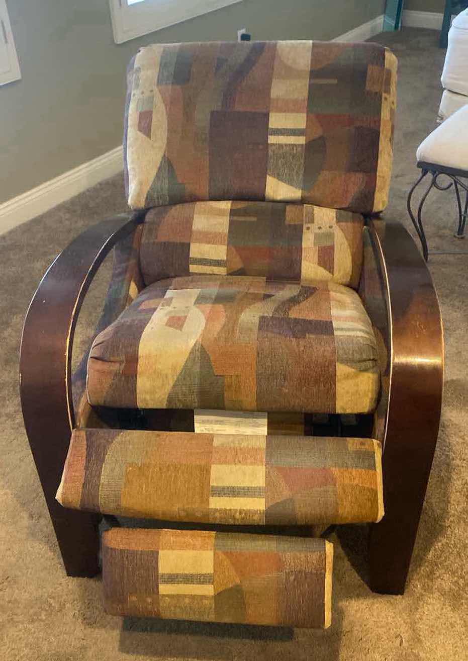 Photo 1 of LANE FURNITURE ABSTRACT FABRIC RECLINER WITH WOOD ARMS (two available each sold separately)