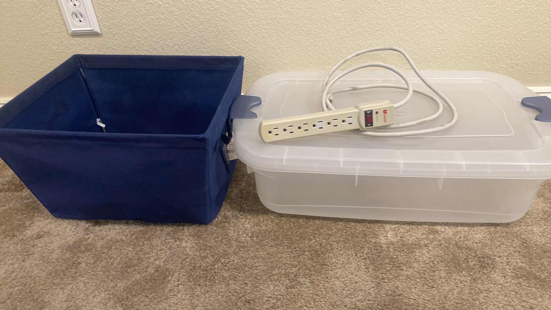 Photo 1 of PLASTIC TOTE WITH LID, CLOTH BASKET & SURGE PROTECTOR