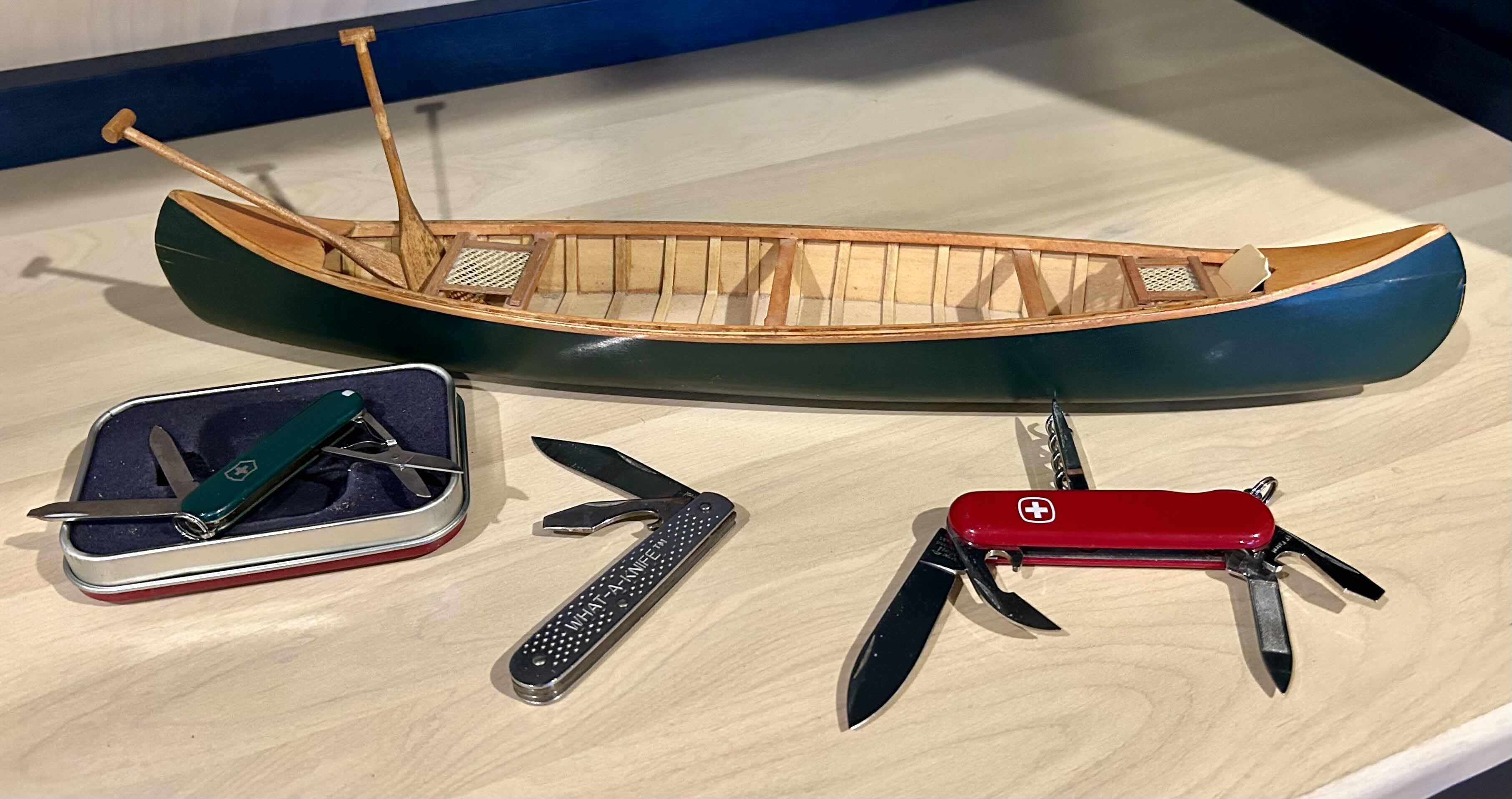 Photo 1 of FULL SCALE MINIATURE CANOE 16”, TWO SWISS-ARMY KNIFES AND ONE WHAT-A-KNIFE