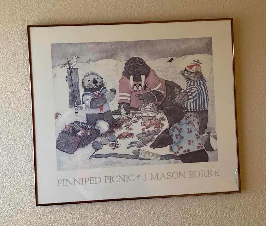 Photo 1 of GOLD FRAMED PINNIPED PICNIC J. MASON BURKE  PRINT ARTWORK 28” x 24”.