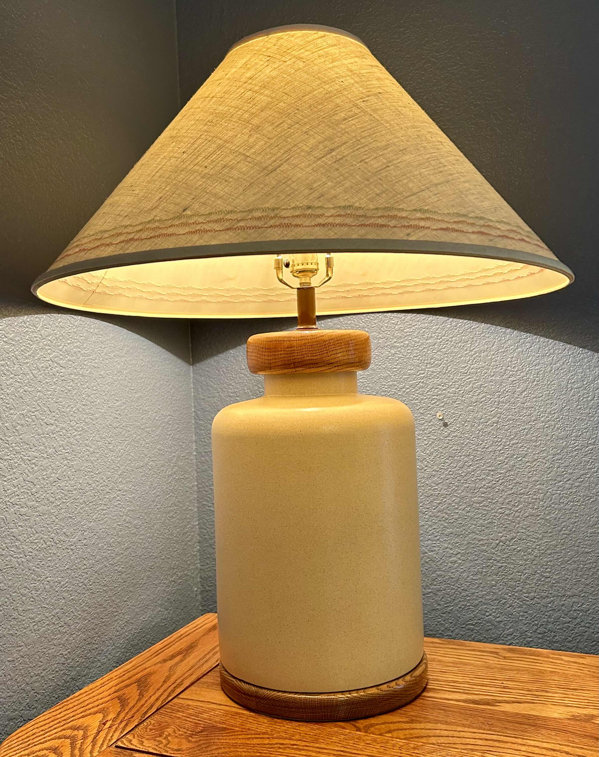 Photo 1 of MID-CENTURY JAR FORM TABLE LAMP CERAMIC WITH WOOD ACCENTS 29”