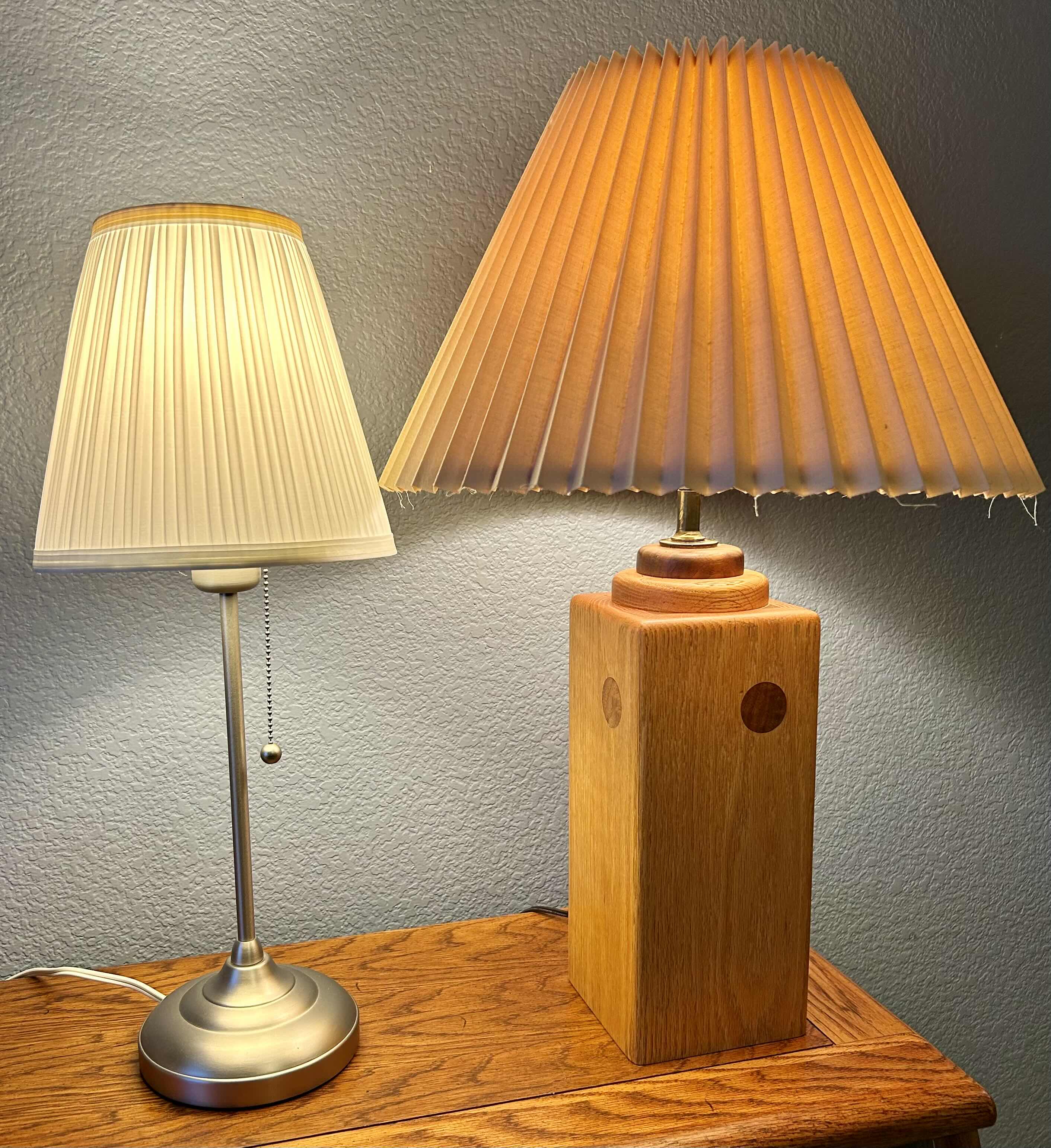 Photo 1 of PAIR OF LAMPS: SILVER LAMP 22”: THREE WAY SWITCH WOODEN LAMP 26”