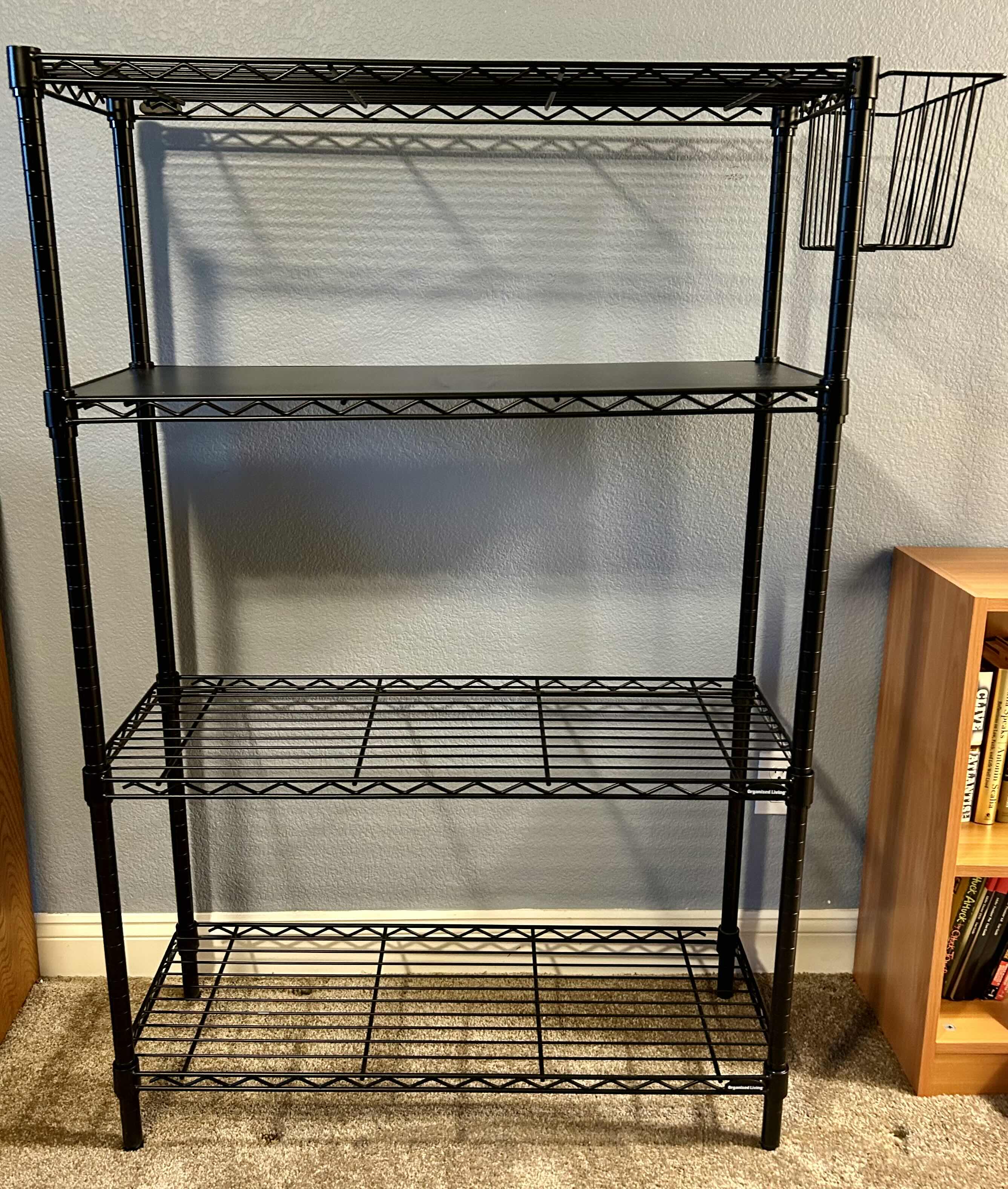 Photo 1 of 4 TIER BLACK METAL WIRE SHELF WITH HANGING BASKET 36”X 14” H54”