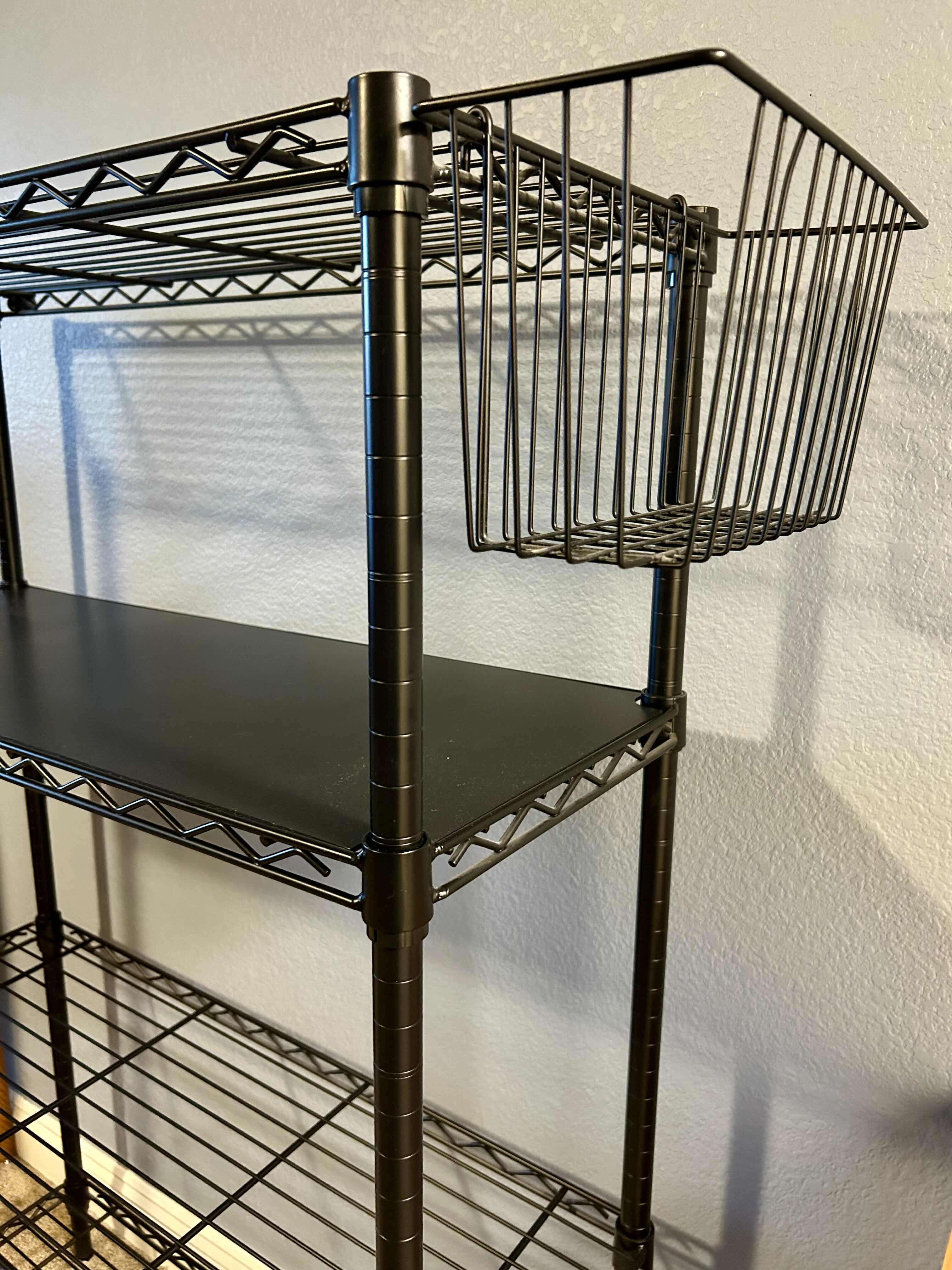 Photo 2 of 4 TIER BLACK METAL WIRE SHELF WITH HANGING BASKET 36”X 14” H54”