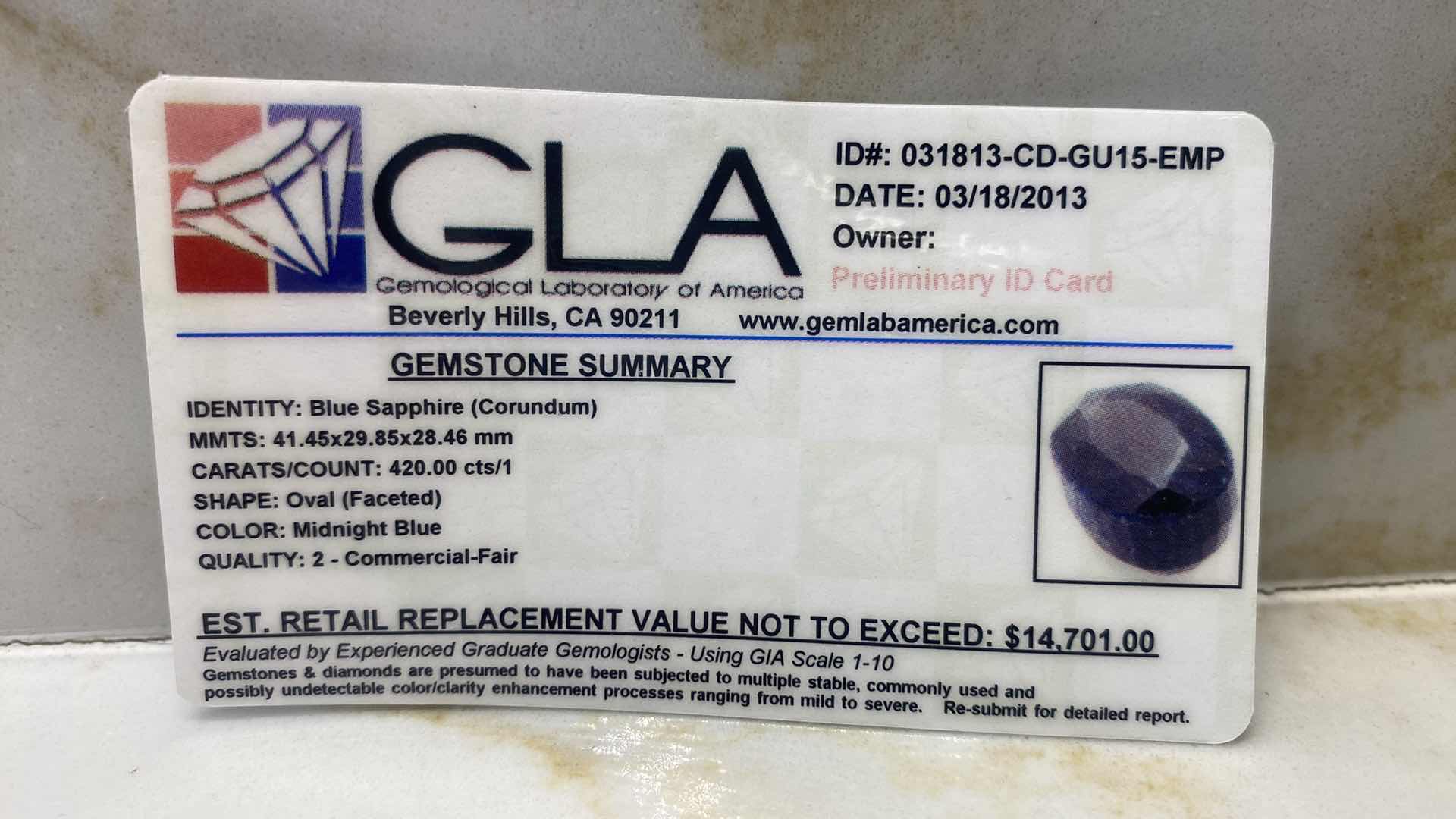 Photo 7 of  BLUE SAPPHIRE  (CORUNDUM) OVAL FACETED 342.5 cts GEMSTONE GLA CERTIFIED 031813