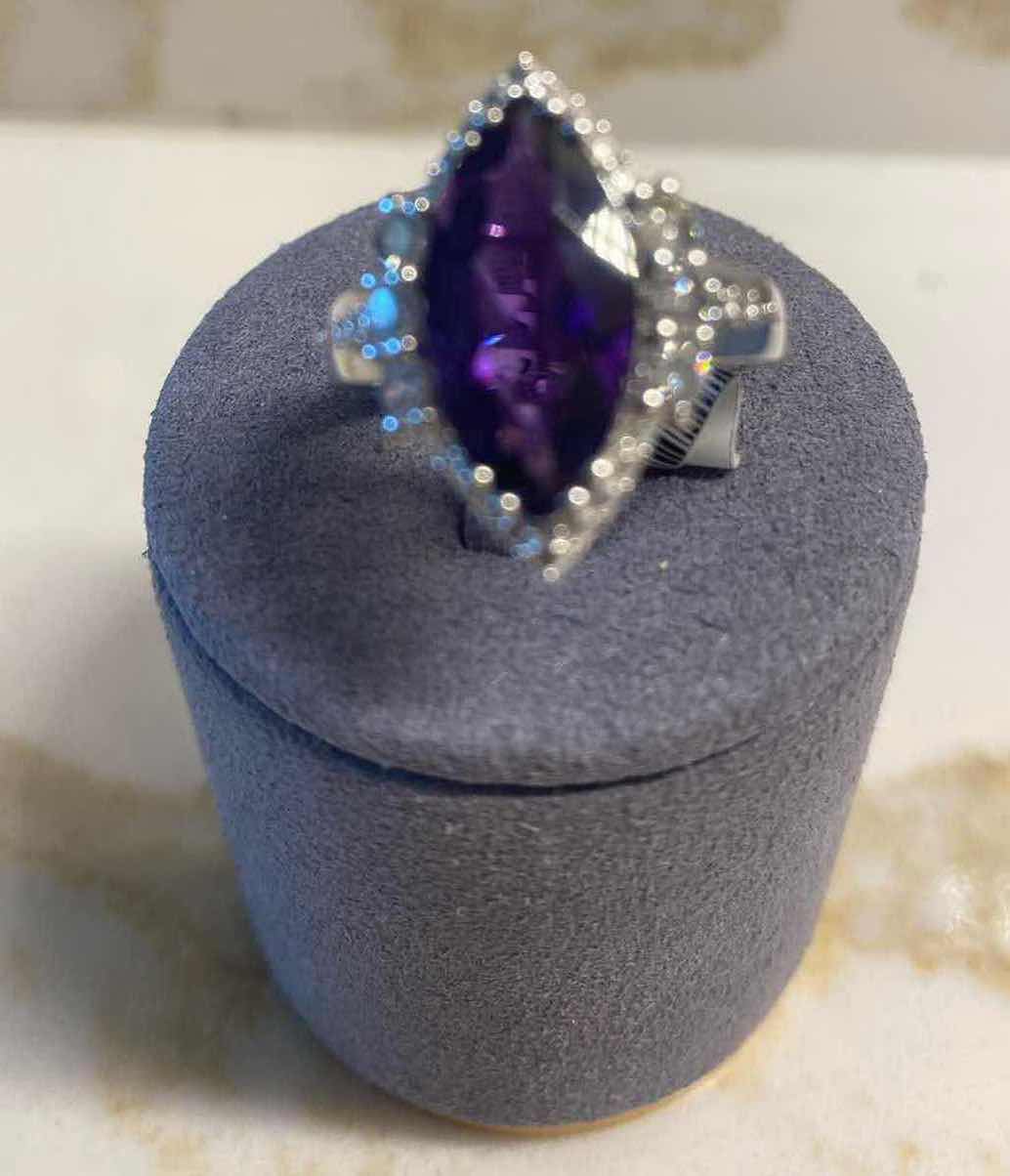 Photo 1 of 925 STERLING SILVER RING 4.8gm W/AMETHYST QUARTZ EST 3.67ctw MARQUIS CUT WITH NATURAL DIAMONDS ROUND BRILLIANT CUT EST .053ctw SIZE 7 GGA CERTIFIED APPRAISAL K46E9