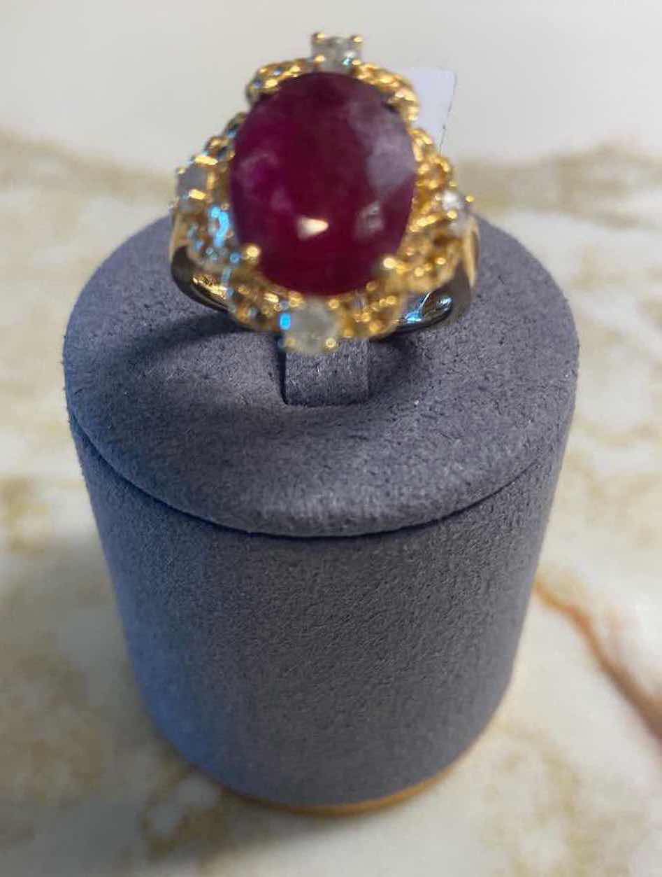 Photo 1 of 925 STERLING SILVER RING 5.4gm w/GOLD OVERLAY WITH RUBY CORUNDUM OVAL EST 5.0ctw WITH NATURAL DIAMOND ROUND BRILLIANT CUT EST .47 ctw SIZE 7 GGA CERTIFIED APPRAISAL K45E1