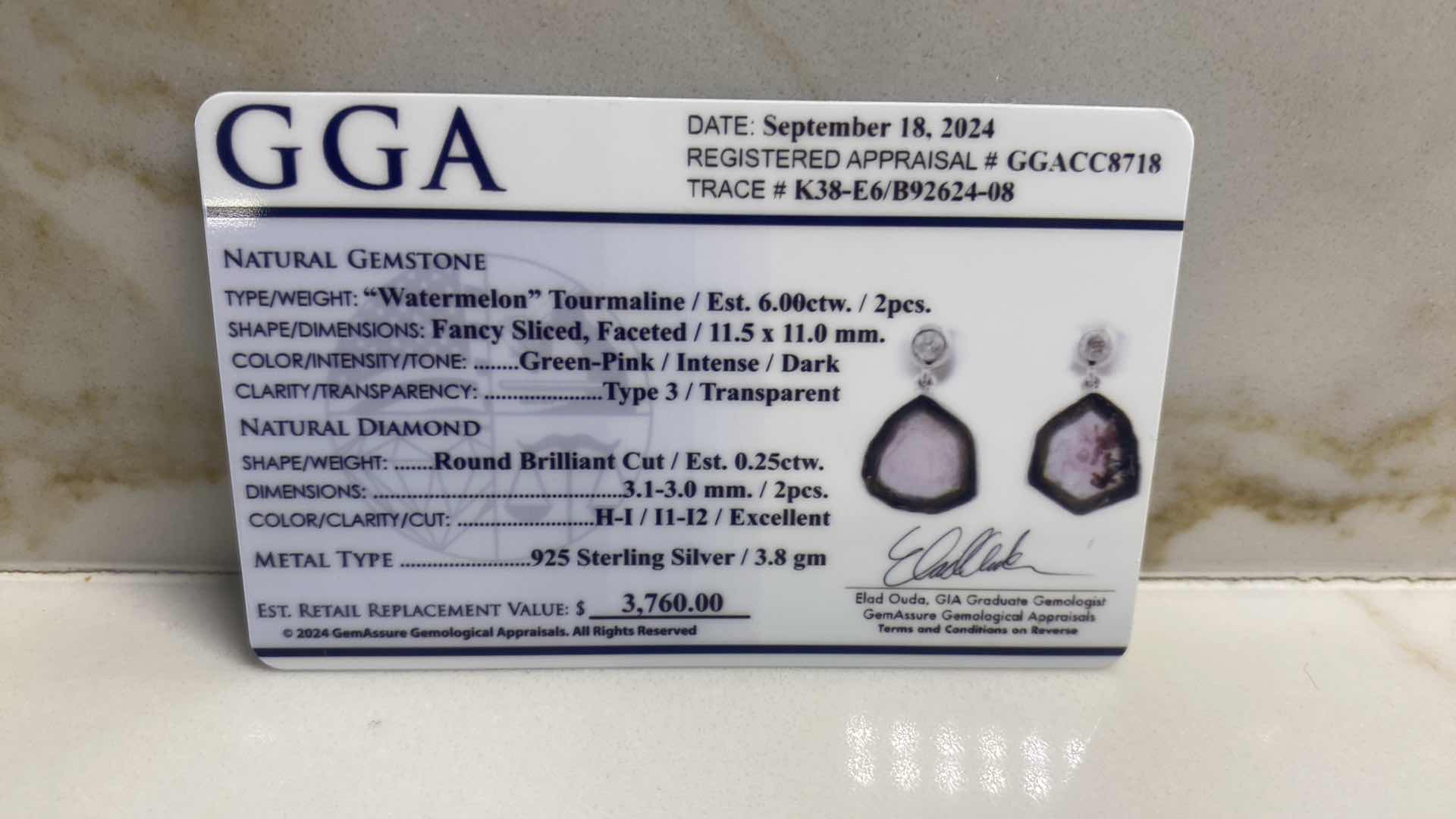 Photo 5 of 925 STERLING SILVER 3.8gm EARRINGS WITH “WATERMELON” TOURMALINE 6.00ctw NATURAL DIAMOND ROUND  EST.25ctw GGA CERTIFIED APPRAISAL K38-E6