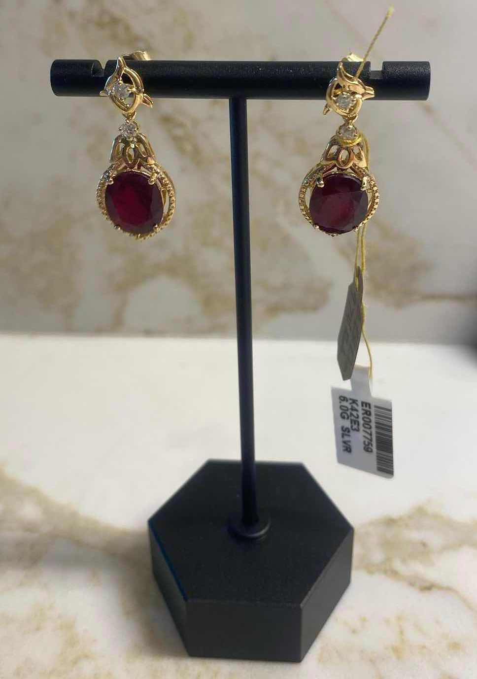 Photo 1 of 925 STERLING SILVER w/YELLOW GOLD OVERLAY EARRINGS WITH RUBY CORUNDUM 9.74ctw AND NATURAL DIAMOND ROUND  EST.28 ctw  GGA CERTIFIED APPRAISAL K42E3