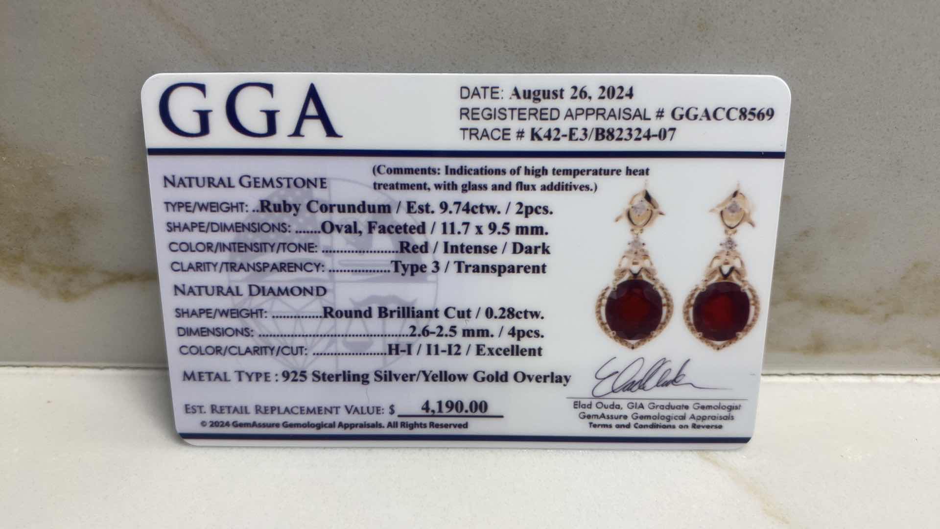 Photo 4 of 925 STERLING SILVER w/YELLOW GOLD OVERLAY EARRINGS WITH RUBY CORUNDUM 9.74ctw AND NATURAL DIAMOND ROUND  EST.28 ctw  GGA CERTIFIED APPRAISAL K42E3