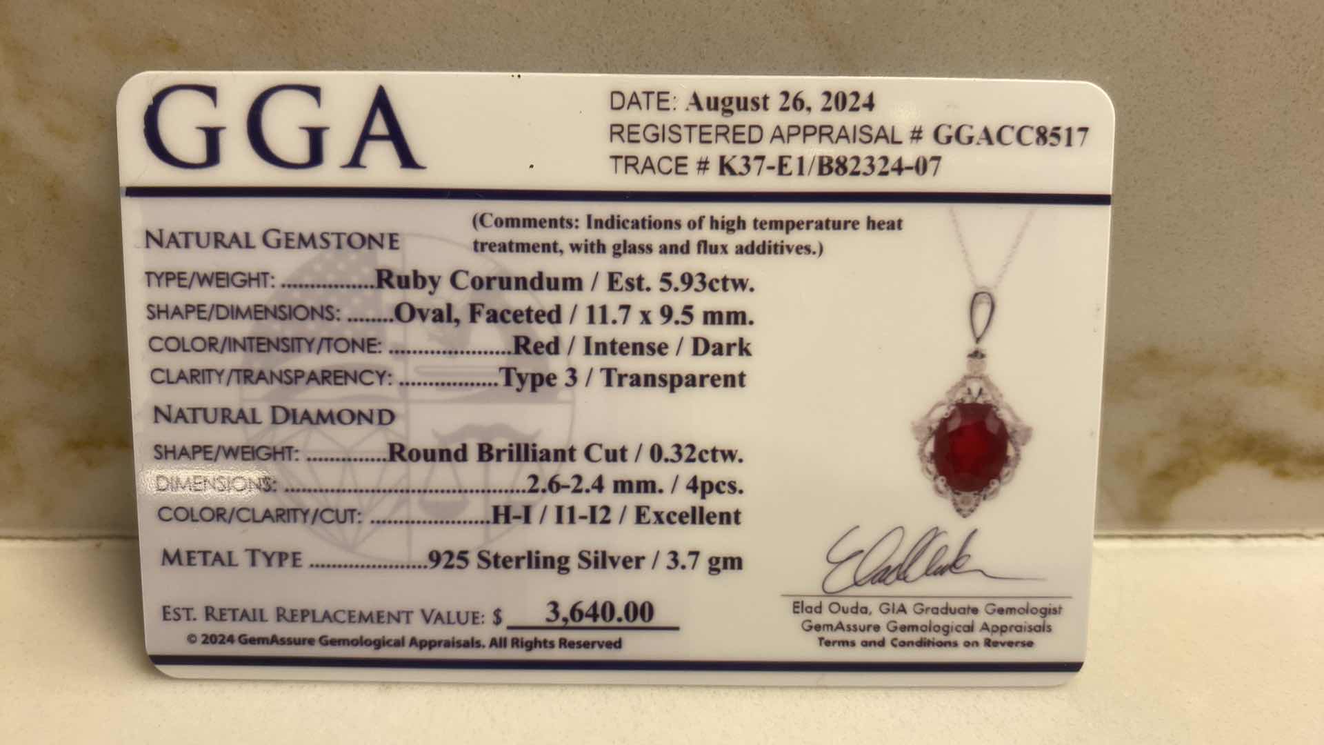 Photo 4 of 925 STERLING SILVER 3.7 gm NECKLACE W/RUBY CORUNDUM OVAL 5.93 ctw & NATURAL DIAMOND ROUND .32 ctw GGA APPRAISAL K37E1