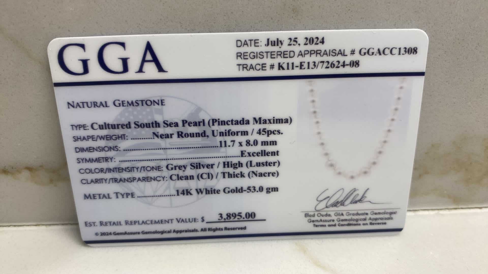 Photo 4 of 14K WHITE GOLD 53 gm NECKLACE W/CULTURED SOUTH SEA PEARLS 45 PIECES GGA APPRAISAL K11E13