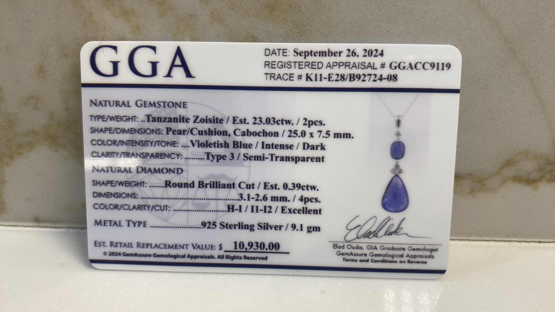 Photo 5 of 925 STERLING SILVER 9.1 gm NECKLACE  W/TANZANITE ZOISITE PENDANTEST 23.03 ctw & NATURAL DIAMOND EST .39 ctw GGA APPRAISAL K11E28