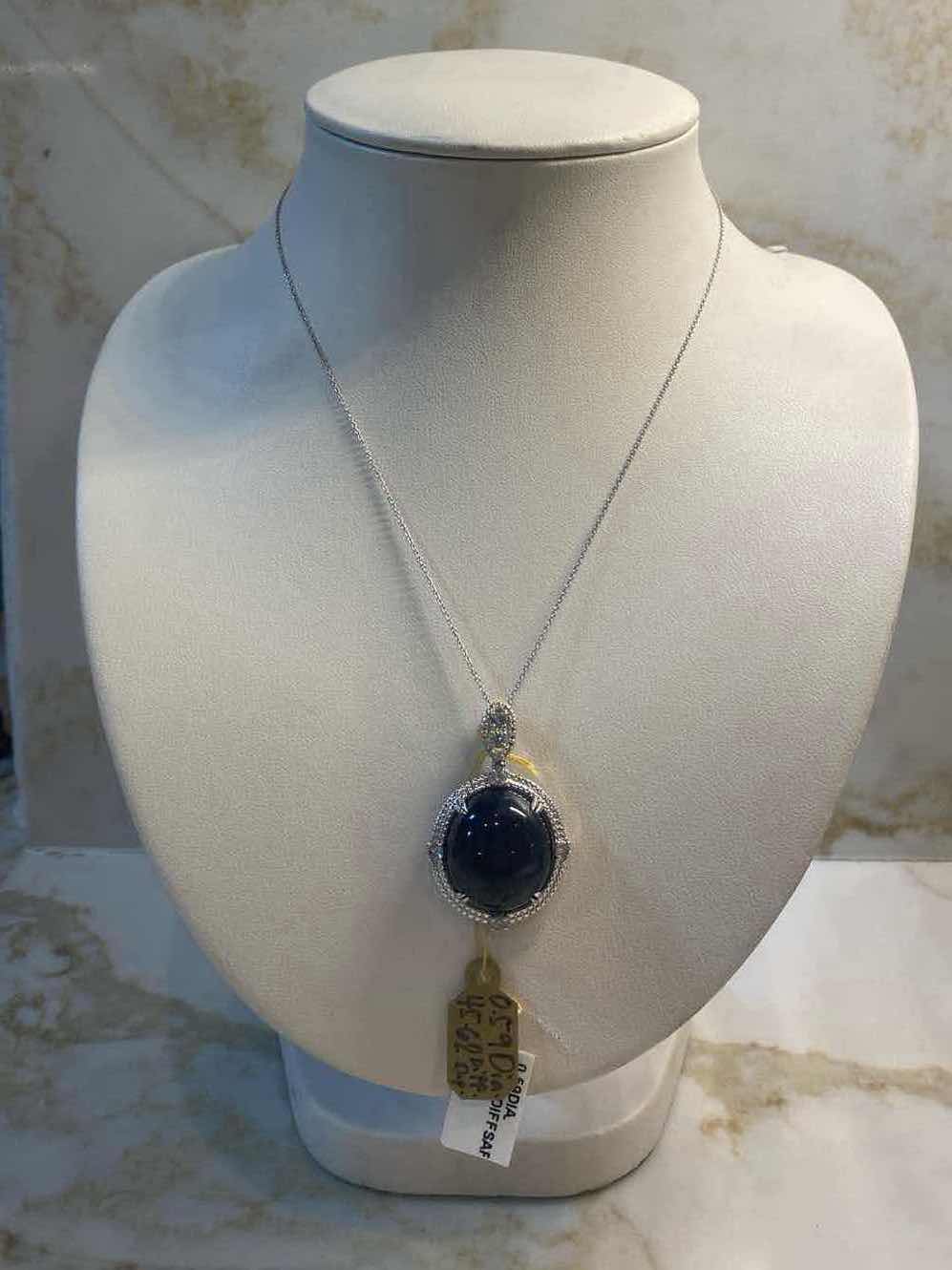 Photo 1 of  925 STERLING SILVER 14.5 gm NECKLACE W/SAPPHIRE CORUNDUM PENDANT EST 45.62 ctw & NATURAL DIAMOND EST .59 ctw GGA APPRAISAL K11E12