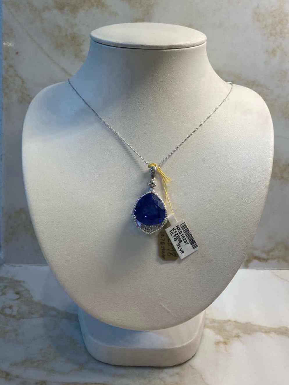 Photo 1 of 925 STERLING SILVER 10.7 gm PENDANT NECKLACE W/LAB CREATED SAPPHIRE EST 28.20 ctw & NATURAL DIAMOND EST. .47 ctw GGA APPRAISAL K12E98