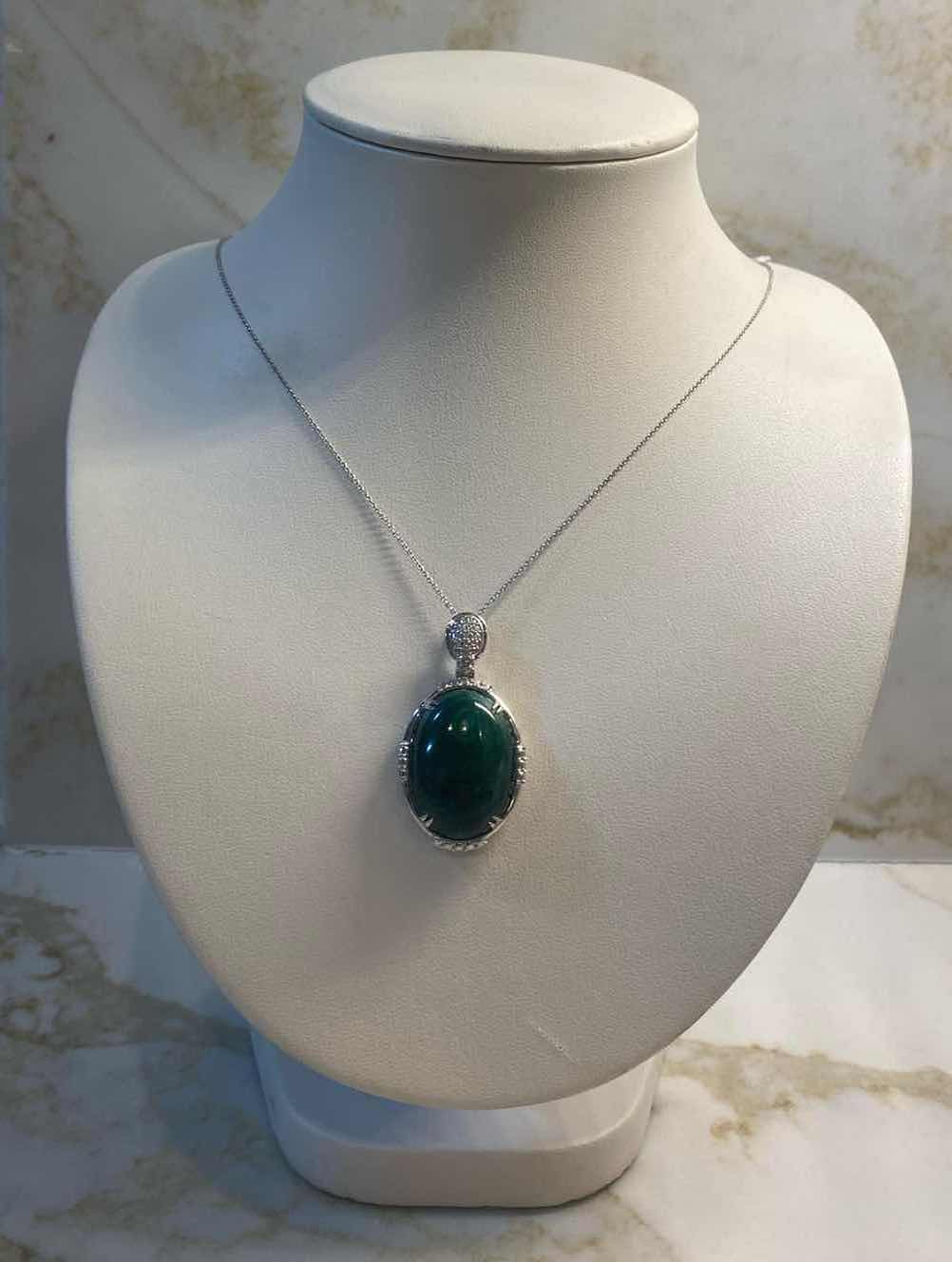 Photo 1 of 925 STERLING SILVER 13.0 gm NECKLACE W/PENDANT W/MALACHITE  OVAL 38.30 ctw & NATURAL DIAMOND EST .13 ctw GGA APPRAISAL K51E9