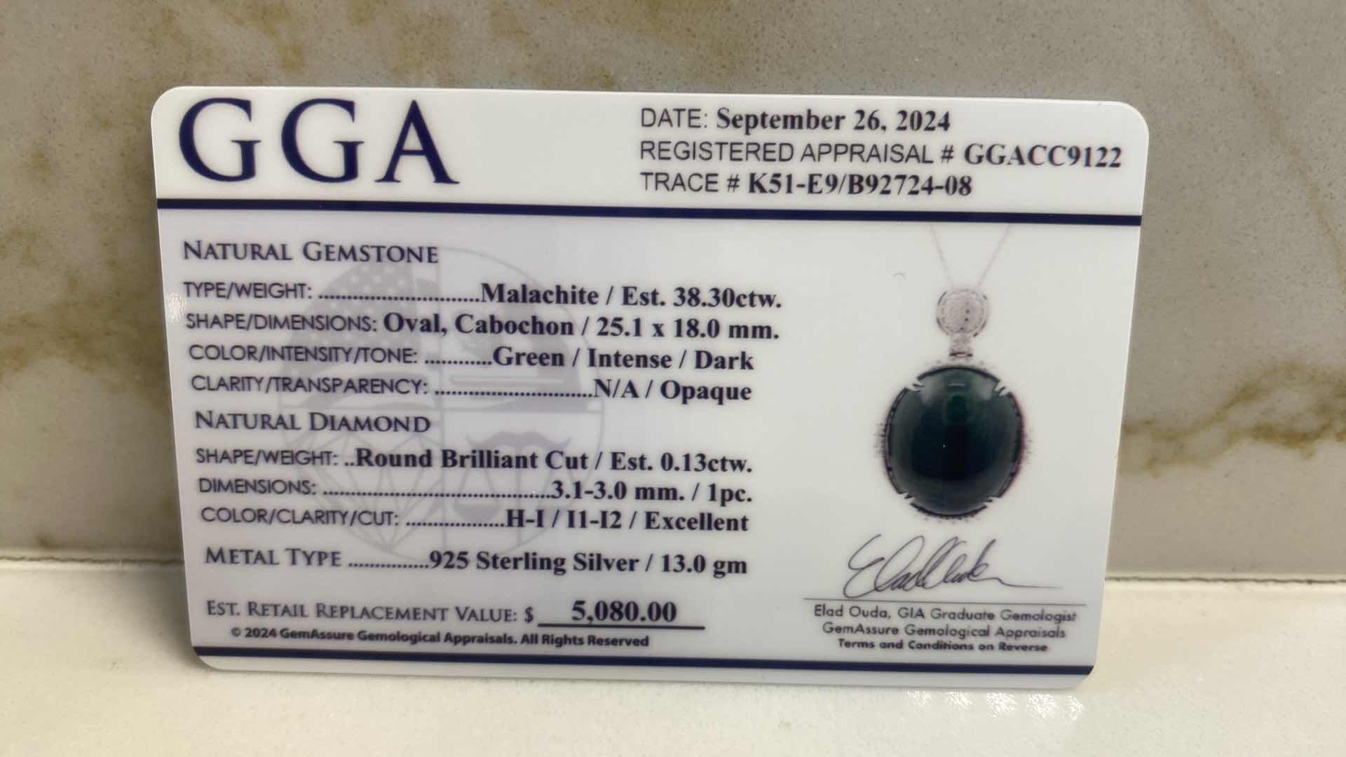 Photo 5 of 925 STERLING SILVER 13.0 gm NECKLACE W/PENDANT W/MALACHITE  OVAL 38.30 ctw & NATURAL DIAMOND EST .13 ctw GGA APPRAISAL K51E9