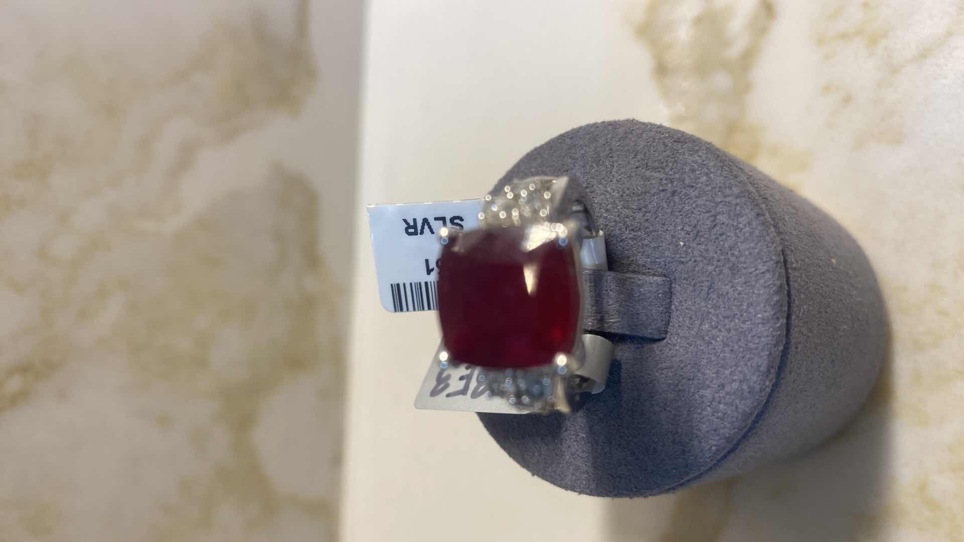 Photo 2 of 925 STERLING SILVER RING 7.4 gm W/RUBY CORUNDUM EST 9.39 ctw  CUSHION CUT WITH NATURAL DIAMOND ROUND BRILLIANT CUT EST .053ctw SIZE 6.5 GGA CERTIFIED APPRAISAL K53E3